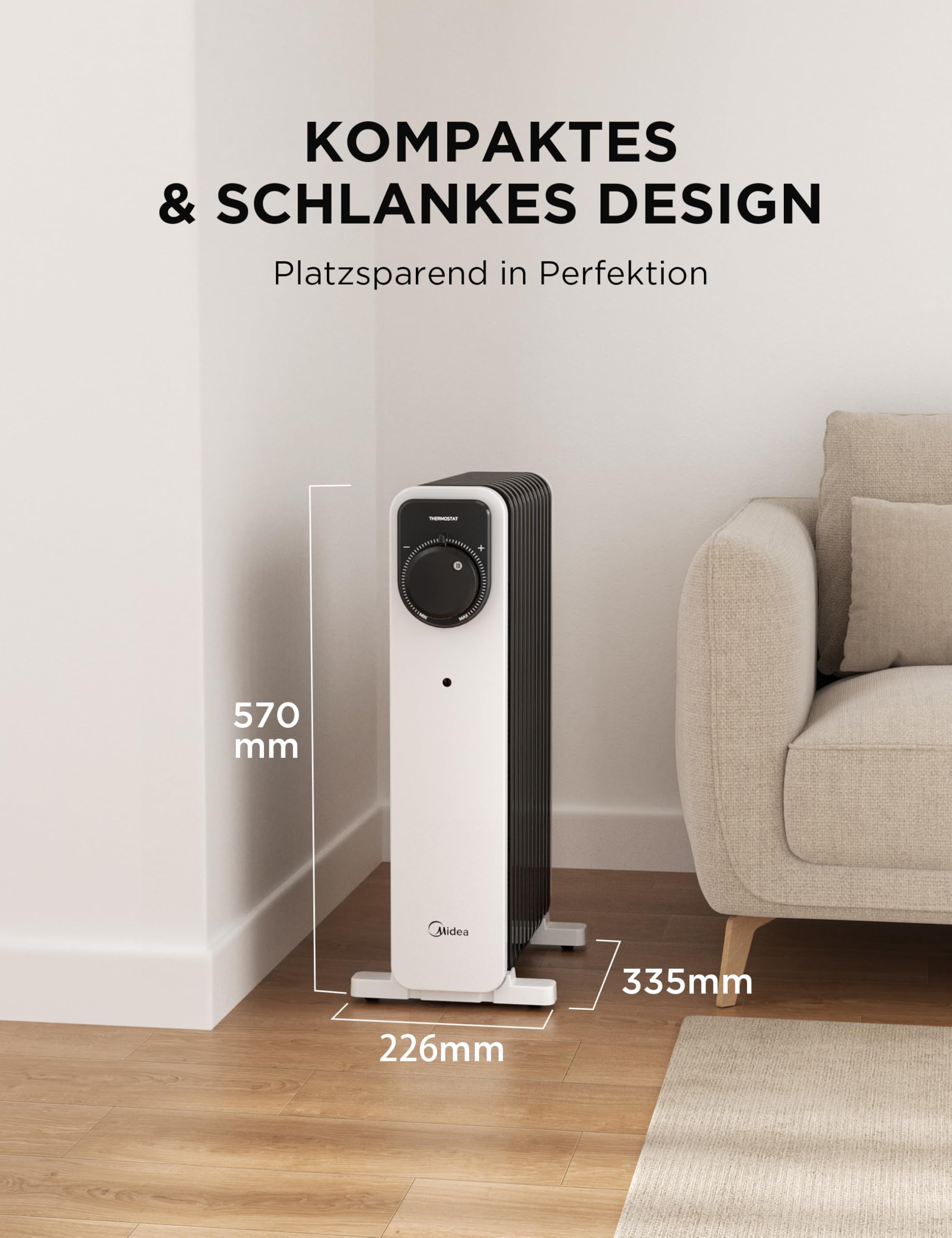 Midea Ölradiator, 2000W 9 Rippen tragbarer Elektroheizer mit Drehknopfregelung und einstellbarem Thermostat, 3 Heizstufen, Kipp- und Überhitzungsschutz, ultra-leise im Büro & Zuhause