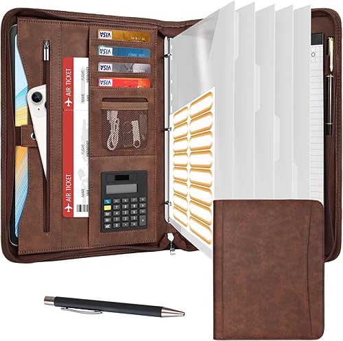 Vista 19 de Eshow Organizador de cartera, carpeta de 3 anillos con cremallera, carpeta de cuero vegano con bloc de notas, incluye 10 protectores de hojas Negro