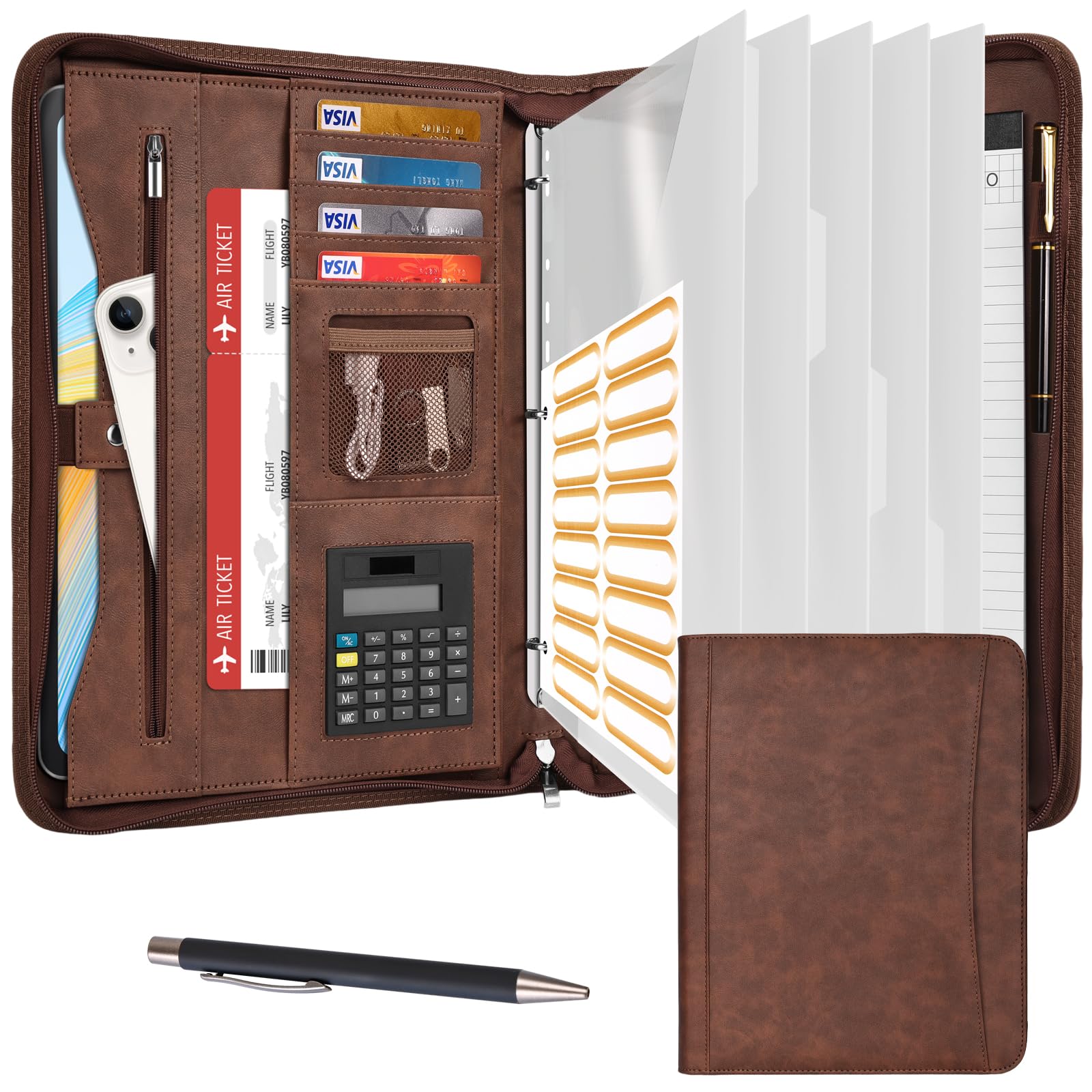 Eshow Portfolio Organizer – Raccoglitore a 3 anelli con cerniera, in pelle vegana, con blocco note, include 5 protezioni trasparenti per fogli per documenti, per uomini e donne