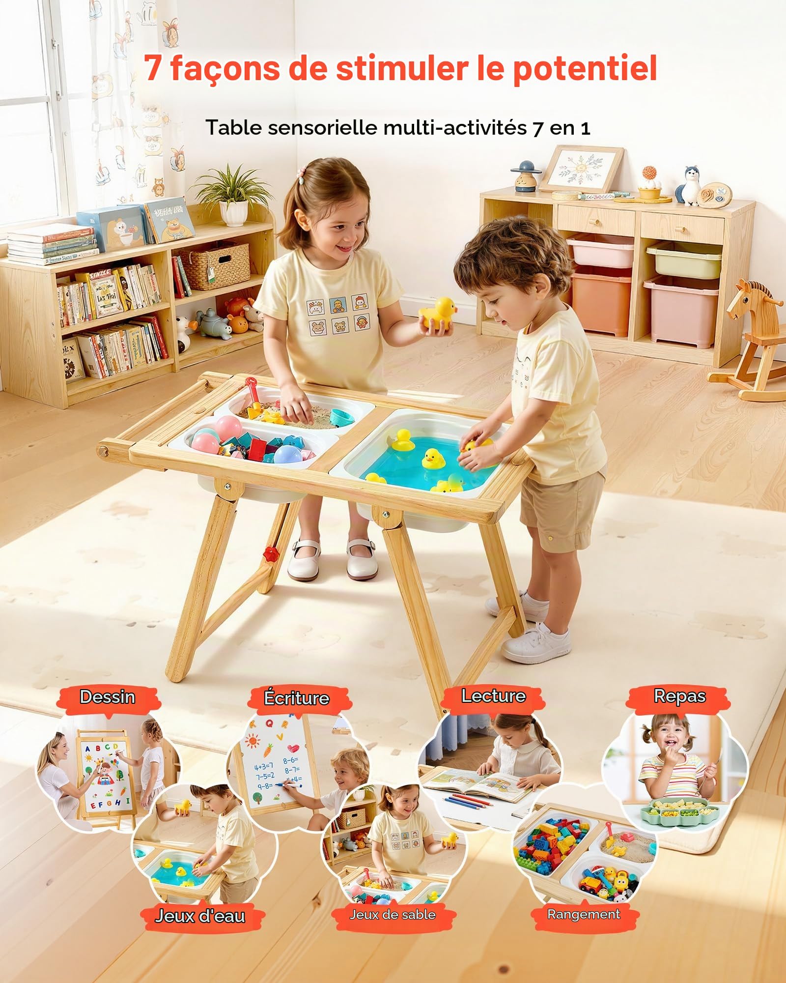 VEVOR Table Sensorielle pour Tout-Petits, Table d'Activité en Bois pour Enfants, Chevalet d'art avec Tableau Double Face, Bacs de Rangement, pour Jeux de Sable et d'eau, Dessin, Apprentissage, Repas