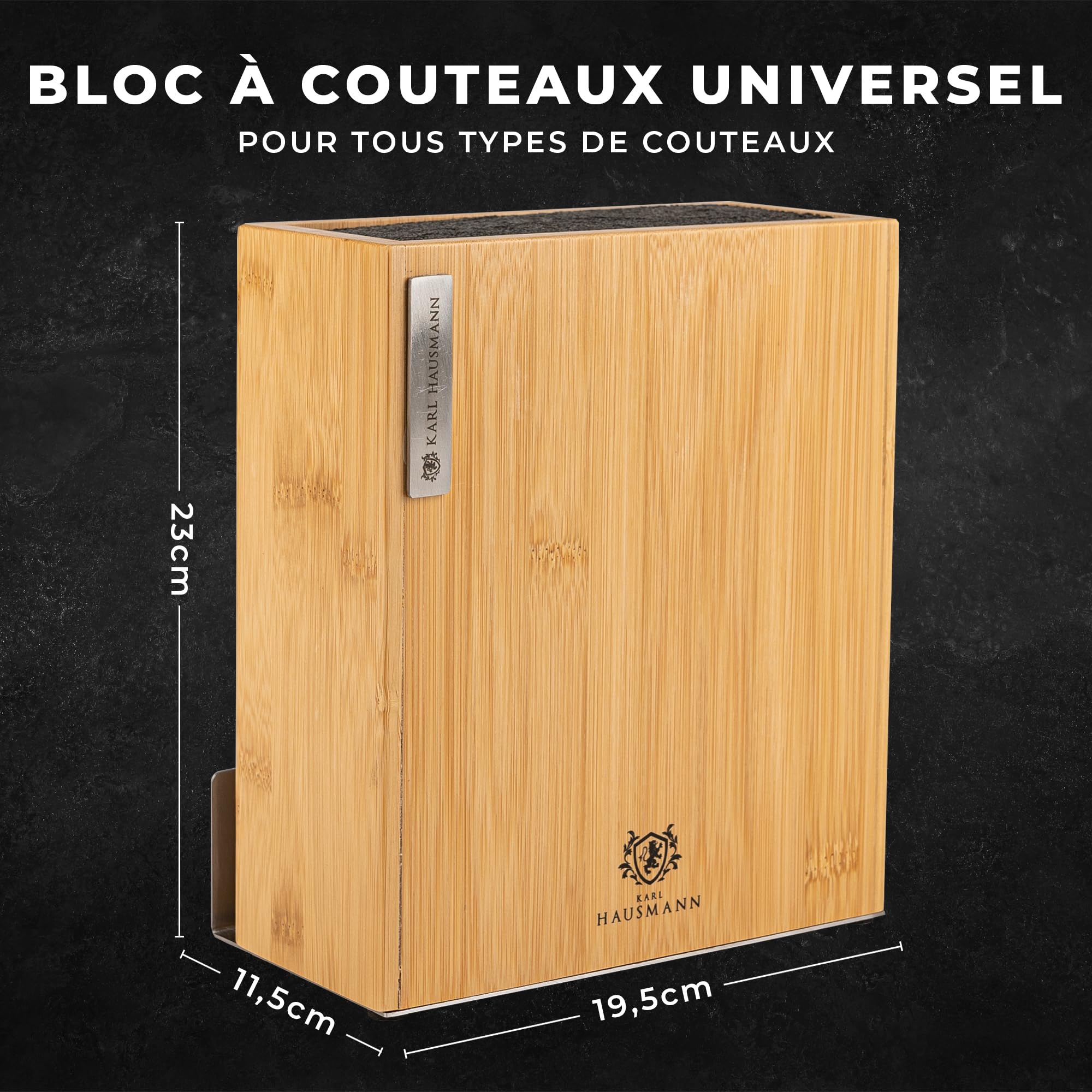 KARL HAUSMANN Bloc Couteaux Magnetique 3-en-1 en Bambou - 23x19,5x11cm - Support Couteau Sans Couteaux avec Planche à Découper et Insert Universel - Porte Couteau Cuisine