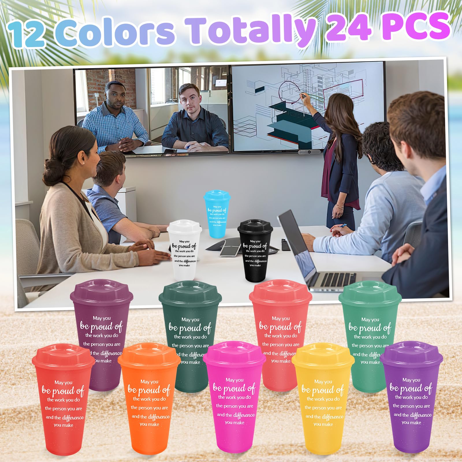 Lot de 24 gobelets à café en plastique avec couvercles colorés réutilisables pour la fête des pères – 473 ml – Gobelets inspirants pour enseignants, collègues, employés – Cadeaux de Noël
