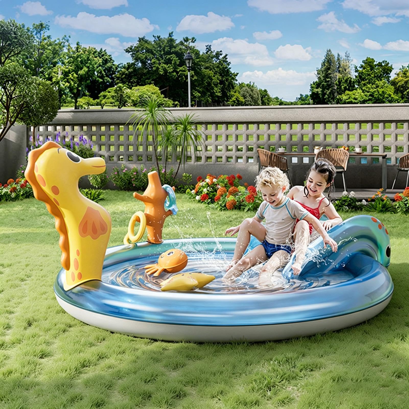 Piscine Enfant avec Toboggan Jouet Gonflable Thème Été