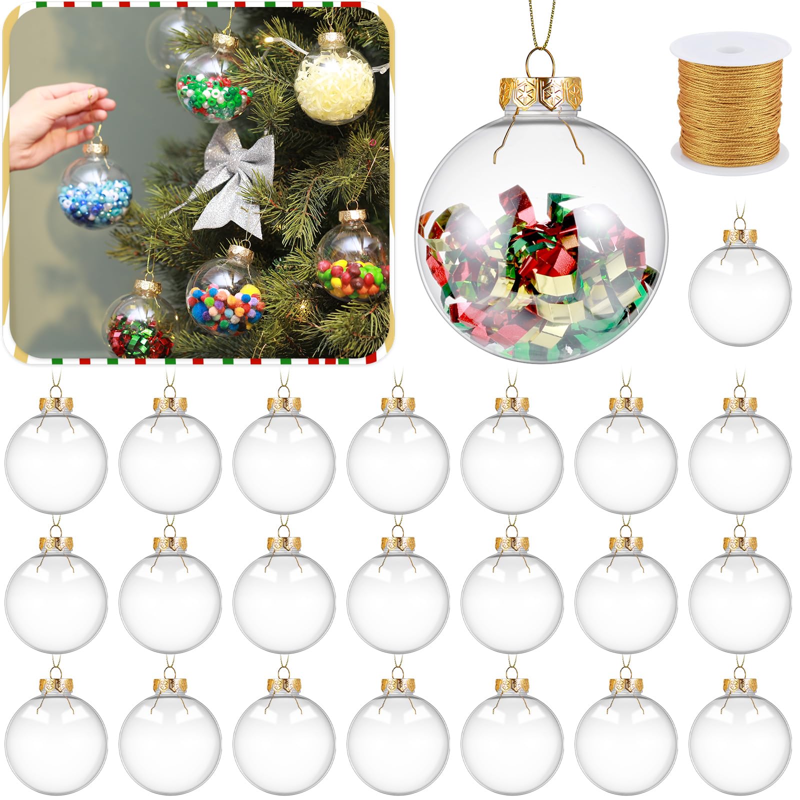 Wettarn 50 bolas de adorno rellenables de Navidad a granel, burbujas de plástico, adornos colgantes para manualidades, fiestas, decoración de cumpleaños (3.15 pulgadas, dorado)