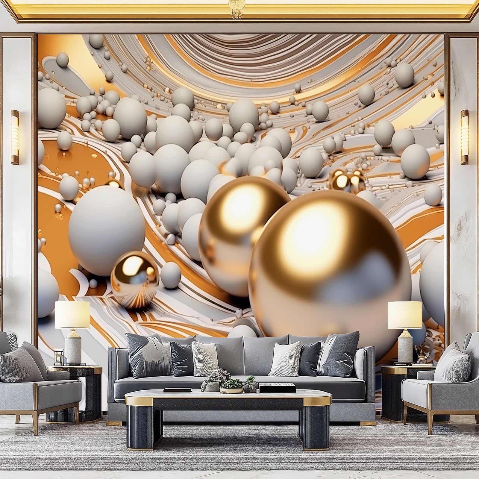 Tapeta z włókniny, 400 x 280 cm, do dekoracji ścian – abstrakcyjna, geometryczna kula 3D, tapeta do salonu, pokoju dziecięcego, tło TV, złoto-srebrna, modny design, fototapeta
