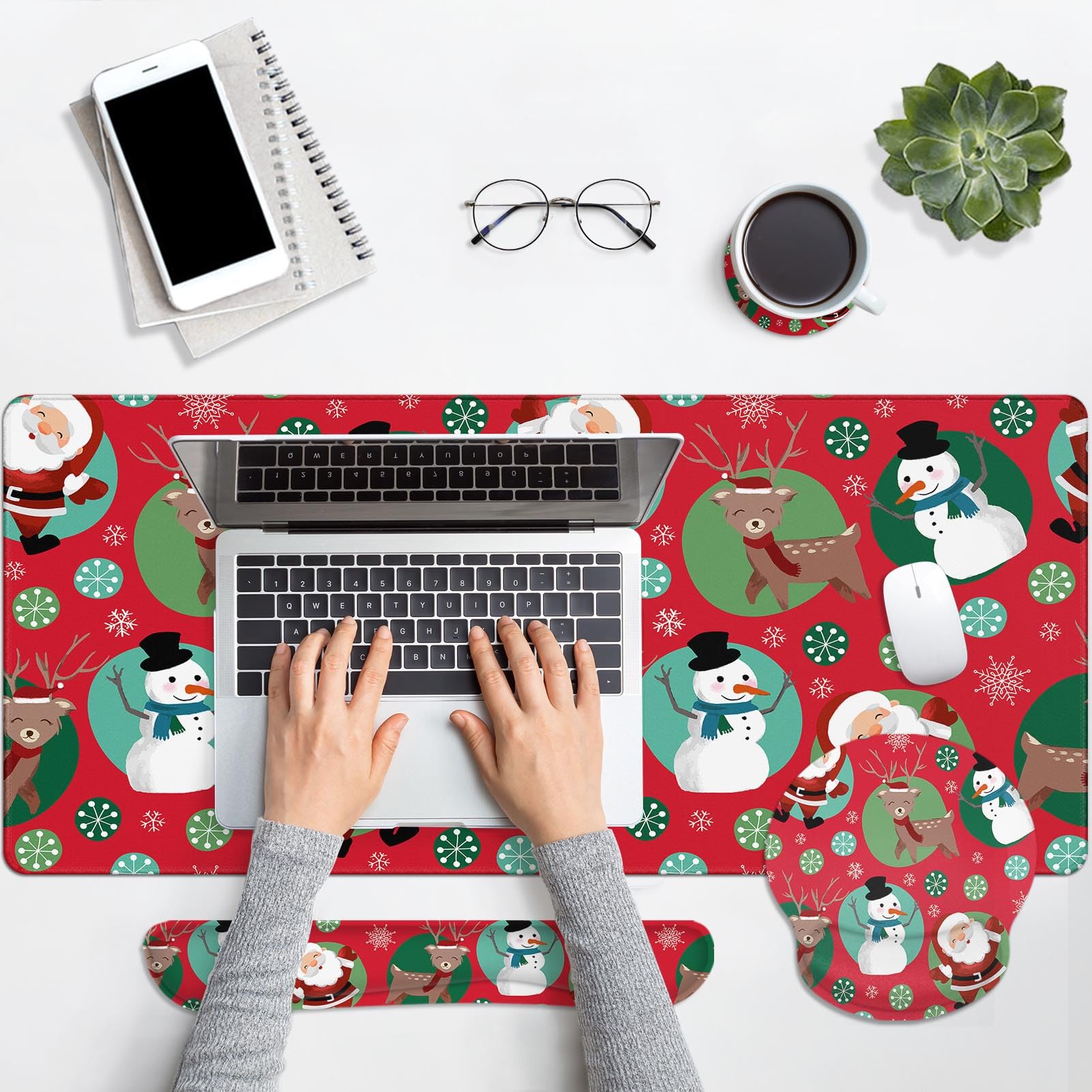 Britimes Tastatur-Mauspad-Set "Merry Christmas", Schneemann, Weihnachten, 4-in-1, großes Mauspad + Tastatur-Handgelenkauflage, Maus-Handgelenkauflage, Untersetzer, ergonomisches Design für Heimbüro,
