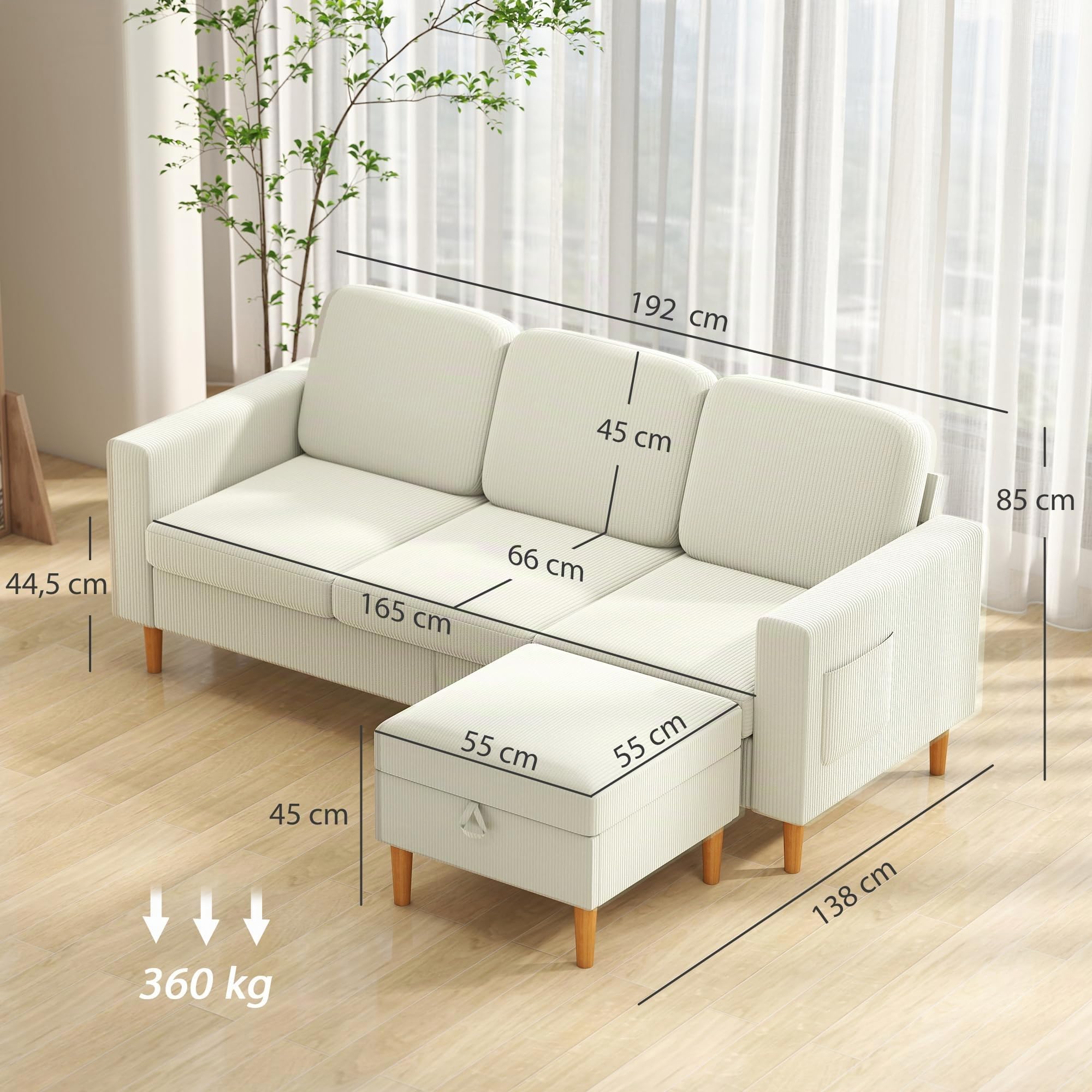 HOMCOM Divano a 3 posti con poggiapiedi in velluto a coste 192 cm, design moderno, sgabello portaoggetti, cuscini a molle, seduta e schienale imbottiti, per soggiorno, camera da letto, ufficio, beige