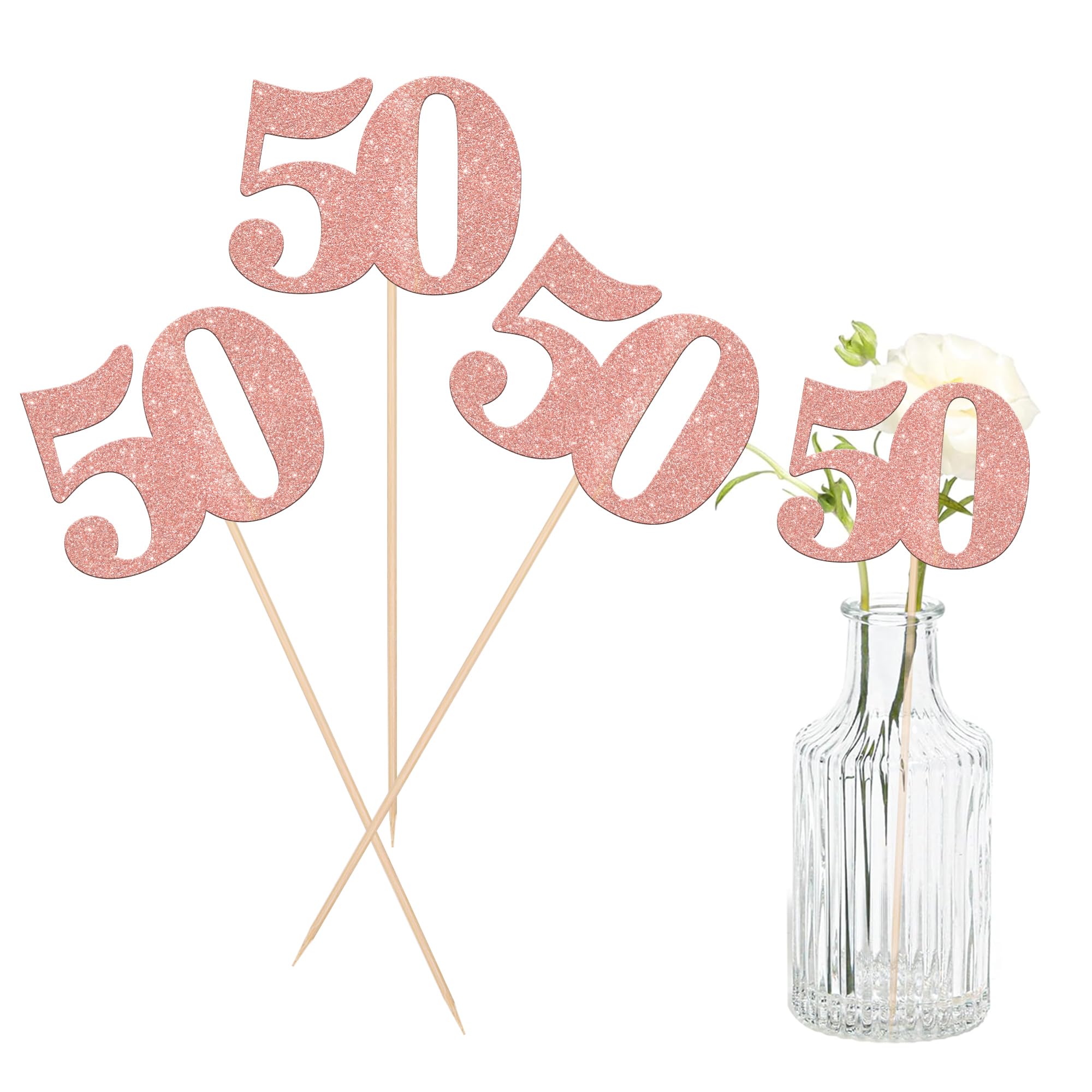 12 PCS Glitter 50th Birthday Centerpiece Sticks Number 50 Cake Toppers Fifty Table Flower Topper Decorations for 50th Birthday Anniversary Party Centerpiece Supplies Rose Gold