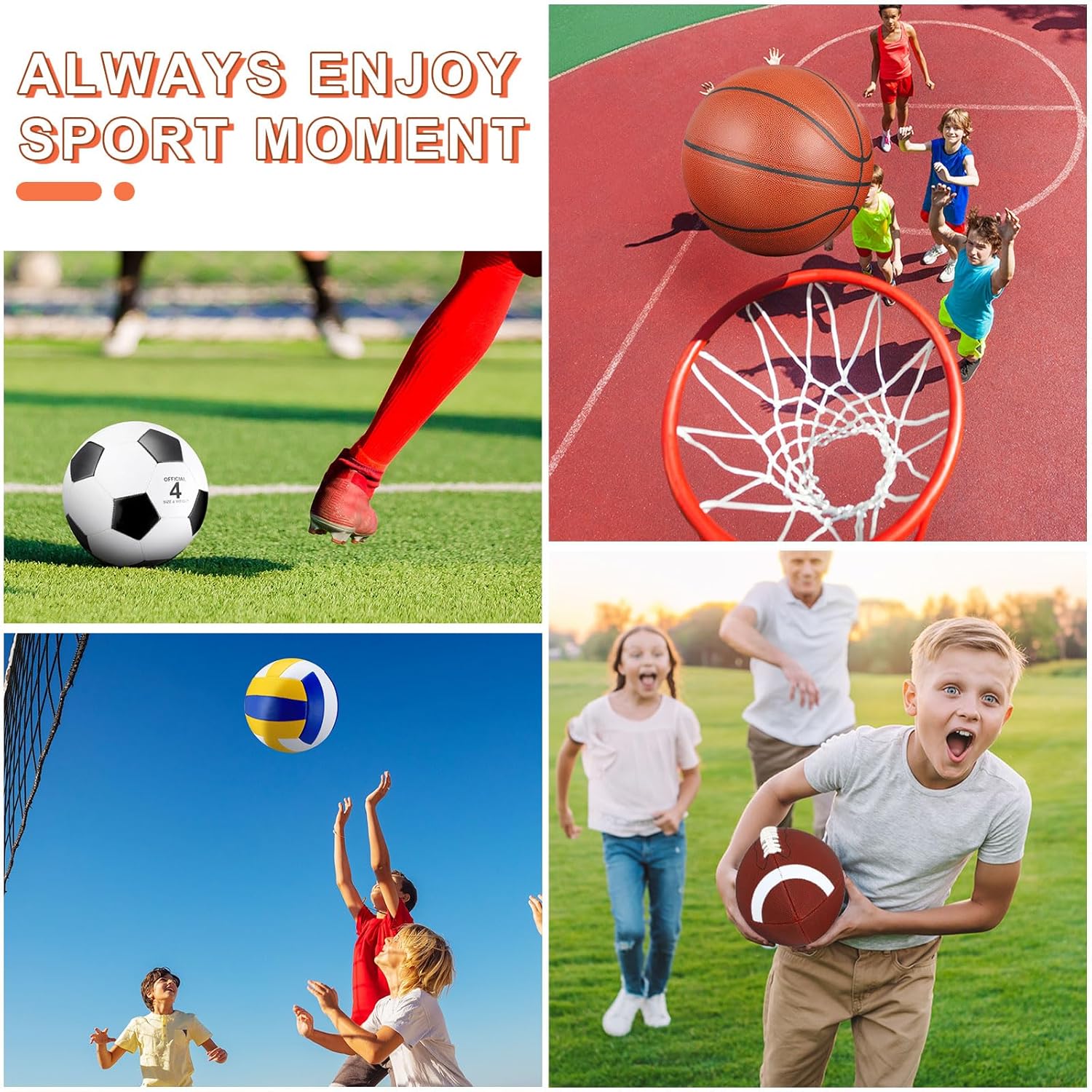 HyDren 4 Pcs Assorted Sports Balls Set for Kids Back to School Recess PE Equipment Official Size Basketball, Soccer, Football, Volleyball with Carry Bag and Pump for Outdoor Playground Gift - Image 5