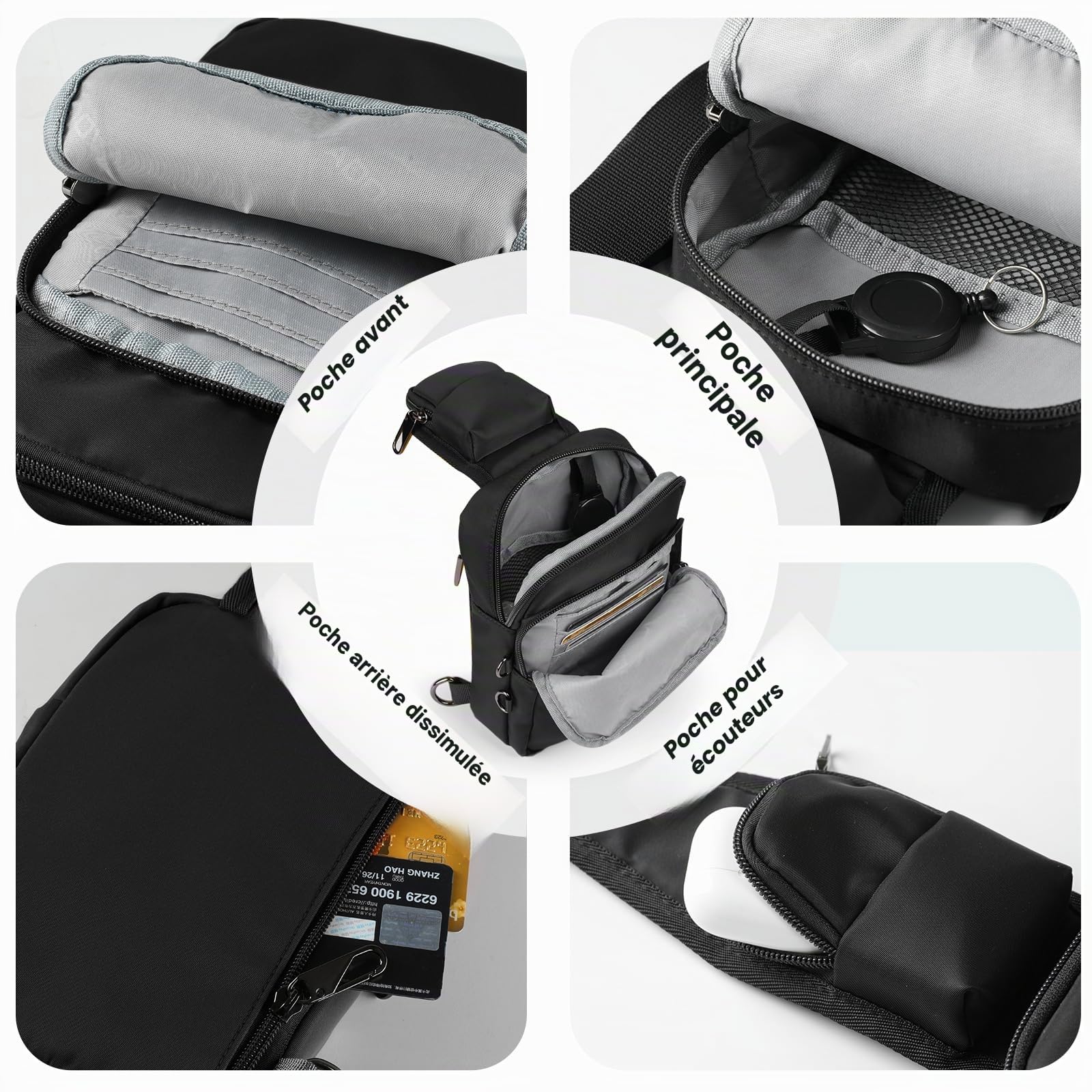 BROADREAM Sac à bandoulière antivol - Sac de poitrine - Sac à bandoulière - Pour homme et femme - Petit homme - Avec fermeture éclair et blocage RFID