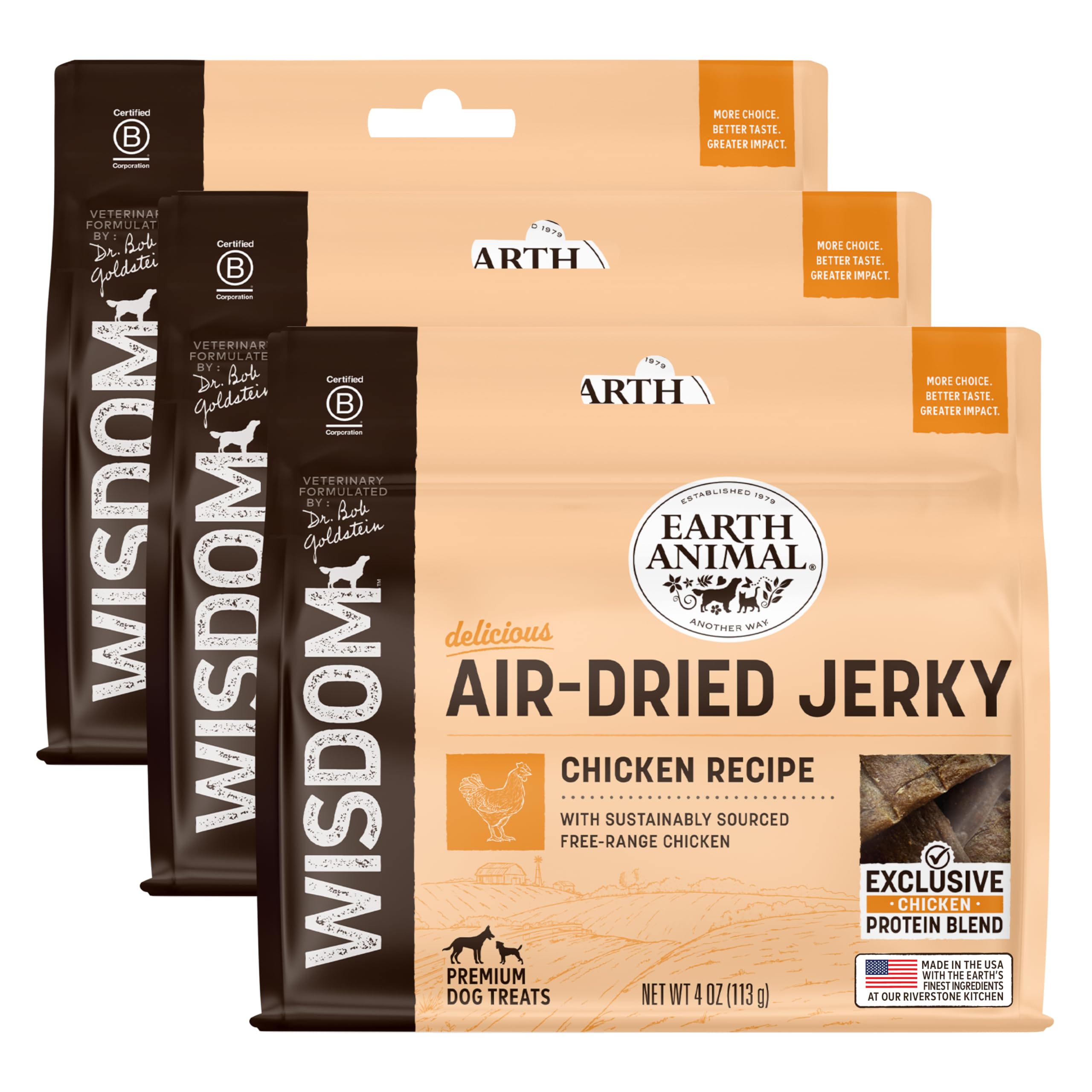 Earth Animal Wisdom Air Dried Jerky - Chicken Recipe Premium Natural Jerky Strips Dog Treats - 3 Pack 4 oz Bag