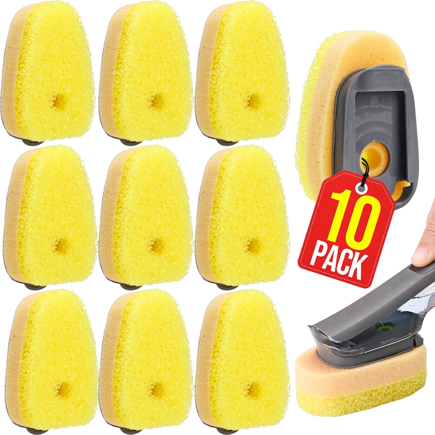 10 Pack Sponge Dishwand Brush Refills for Scotch-Brite Dishwand (Yellow)