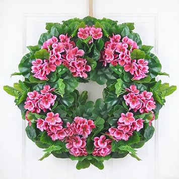 Spring Pink Wreath 24 Floral Decor with Geranium Flowers for Front Door, Entry, Porch Display, Easter, Thanksgiving, Christmas