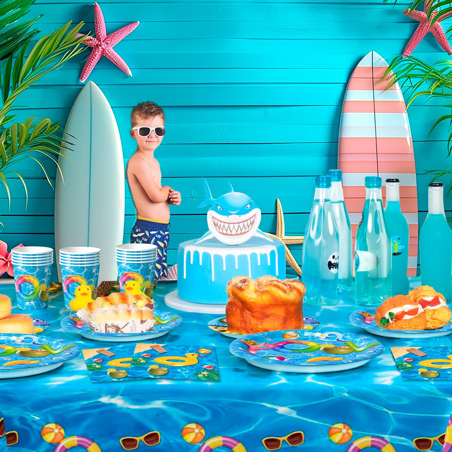 Set di stoviglie per feste in piscina, 97pcs decorazioni per feste in piscina tovaglia, piatti di carta, tovaglioli e bicchieri, per decorazioni da tavola per feste per 24 ospiti