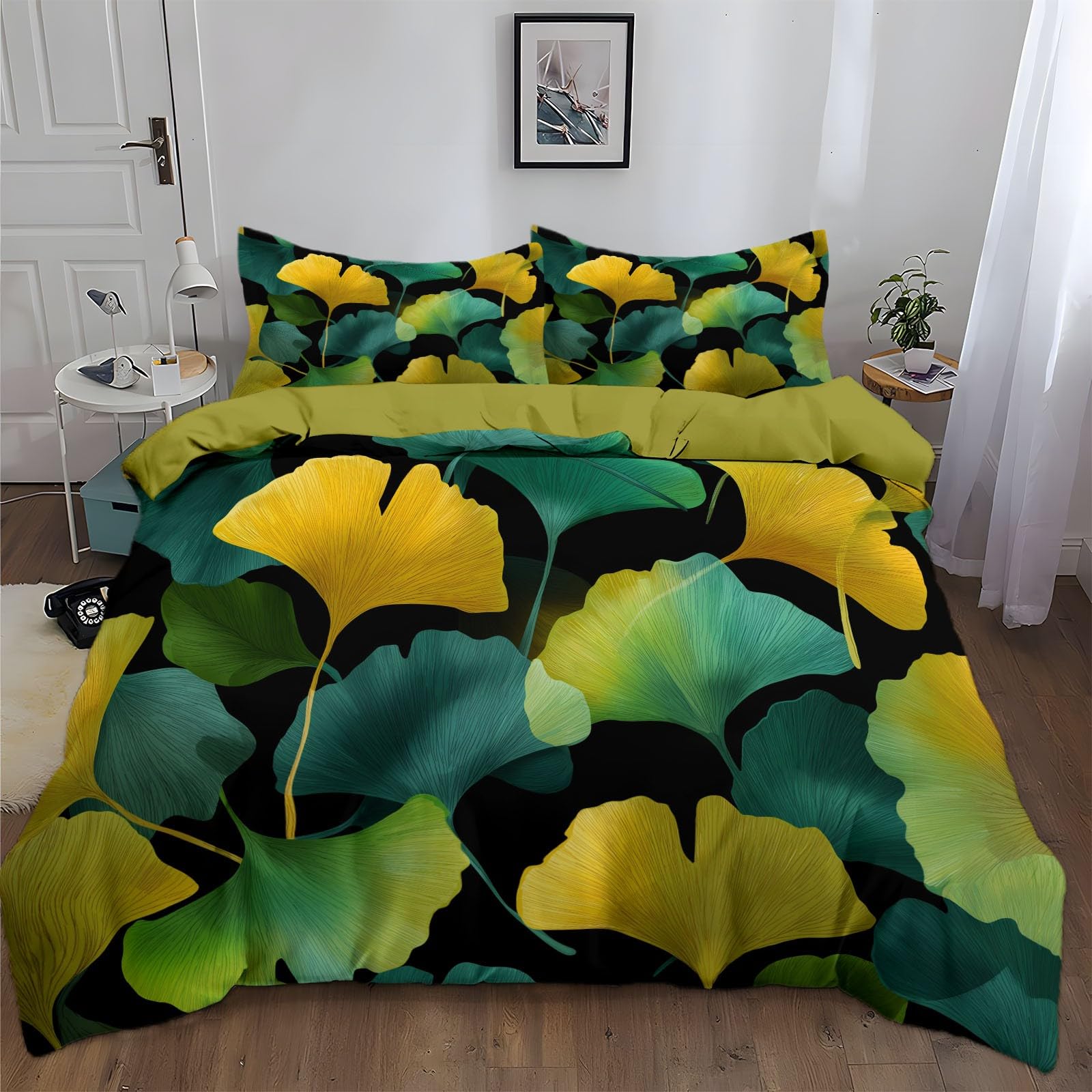 Housse de couette ginkgo vert 200x200 cm avec impression 3D effet aquarelle