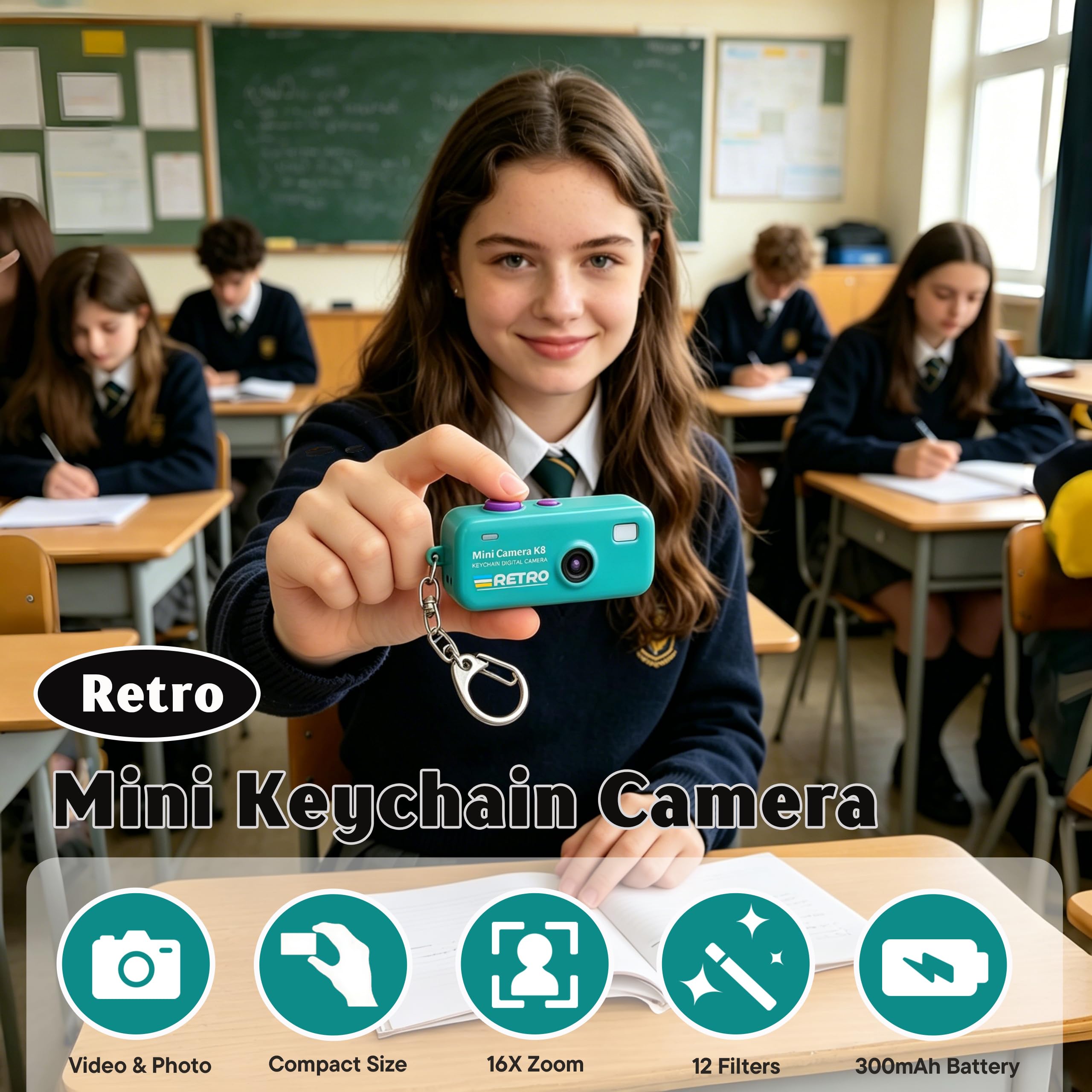 Keychain Digital Camera, 1080P Mini Kamera with 8GB Karte, Foto und Videoaufzeichnung, 12 Filters and 16X Zoom, 2 MP Digitalkamera für Anfänger, Jugendliche und Erwachsene (Minzgrün)