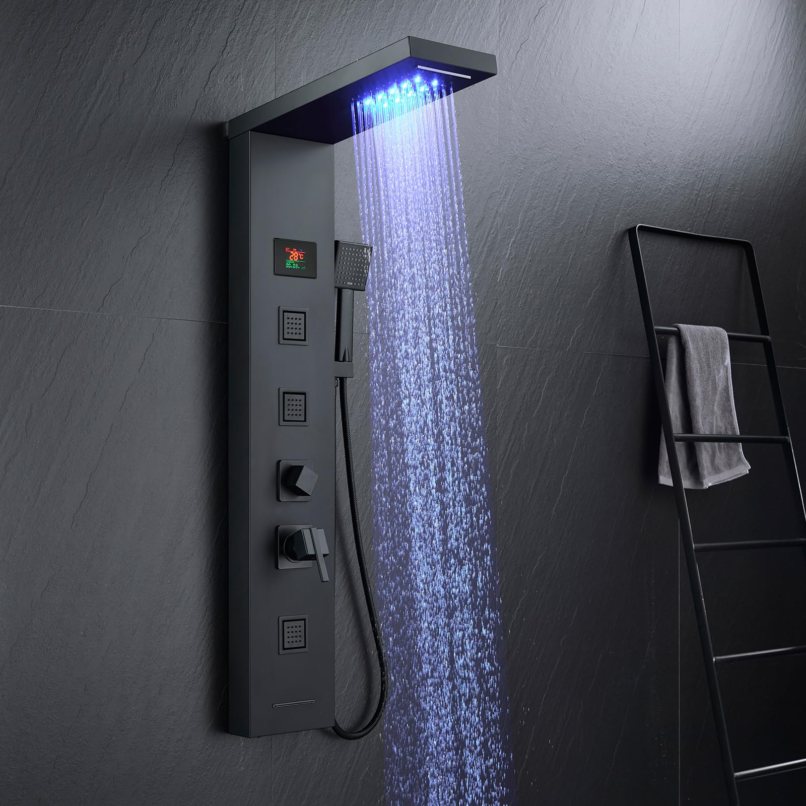 Panel de ducha LED con grifo, 5 funciones, panel de ducha con indicador de temperatura LED, ducha de lluvia y cascada, 3 chorros de masaje, ducha de mano y entrada de bañera, columna de ducha