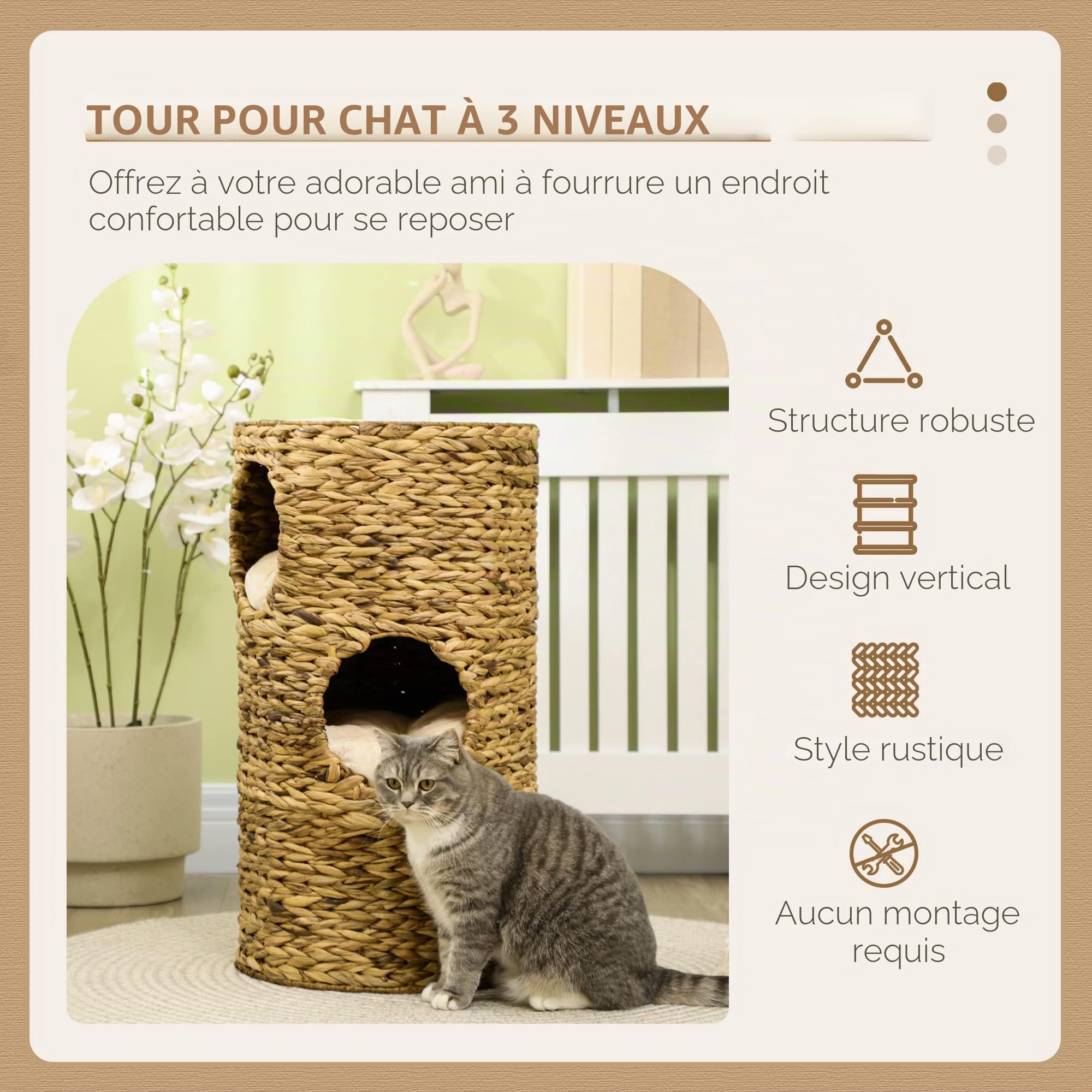 PawHut Tonneau à chat, 73 cm de haut, avec 3 niches, arbre à chat avec coussin, en jacinthe d'eau, pour chat jusqu'à 3,5 kg, marron clair