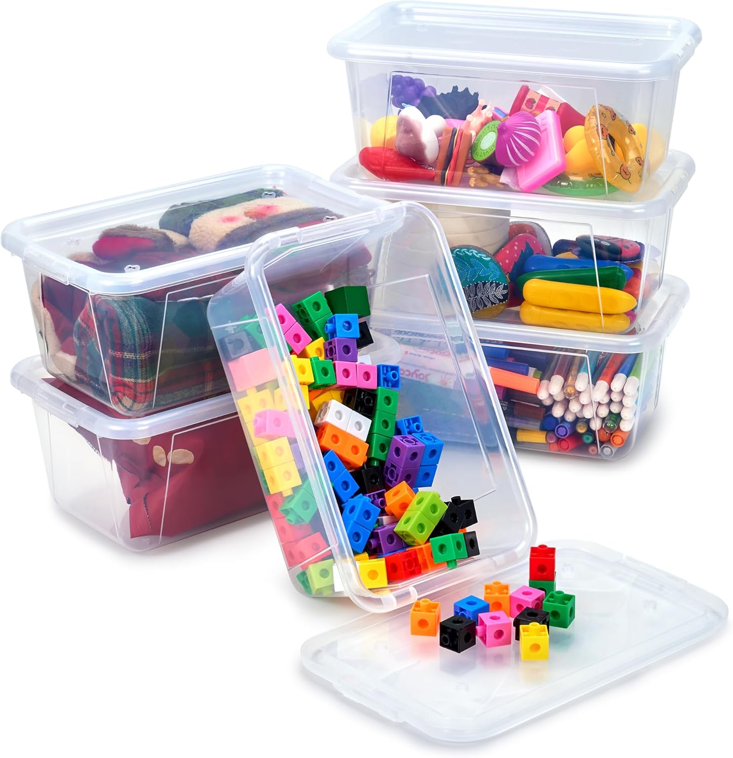 GAMENOTE Clear Plastic Storage Bins with Lids,Stackable Containers for Classroom,Toy Storage Organizer, 5 Qt 6 Pack Small Tubs,Tote Box for Kids Playroom,Sorting(12×7.2×5.1 in) Clear 6 Pack