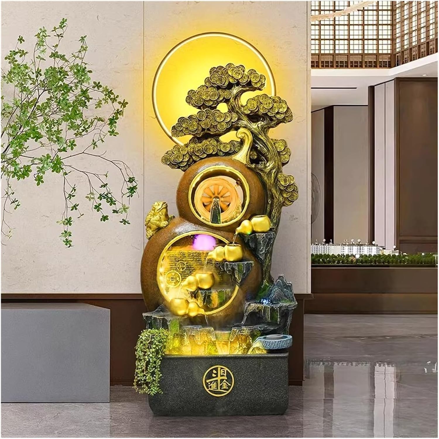 Fountain Freestanding Water Fountain - In the Shape of a Fortune Gourd, Including Simulated Greenery, LED Lights and Crystal Ball, Modern Design for Home and Garden Decoration, Floor Standing Decorati