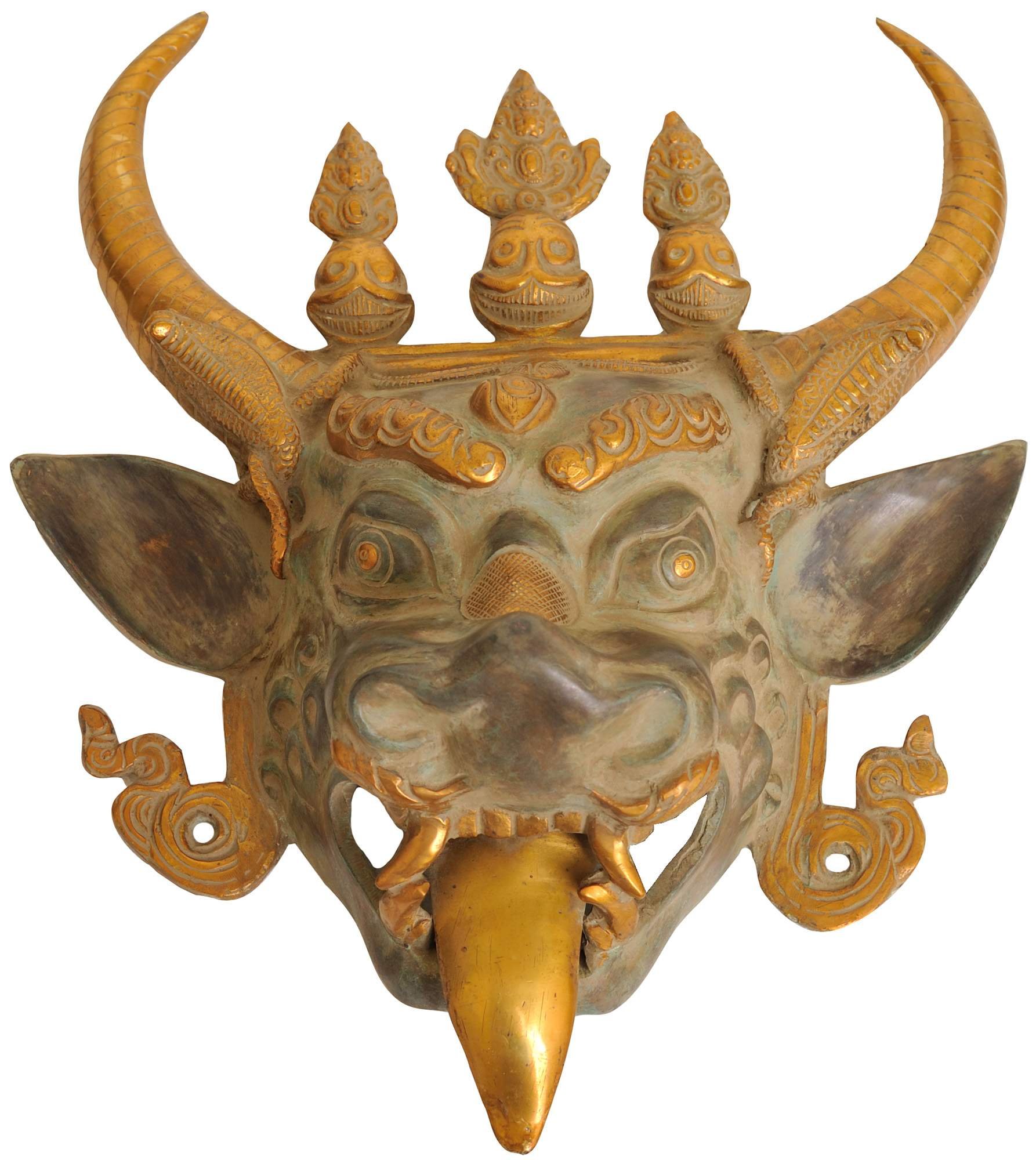 Masque bouddhiste Yamantaka en relief decoration murale sculptée Exotic India Zbu31