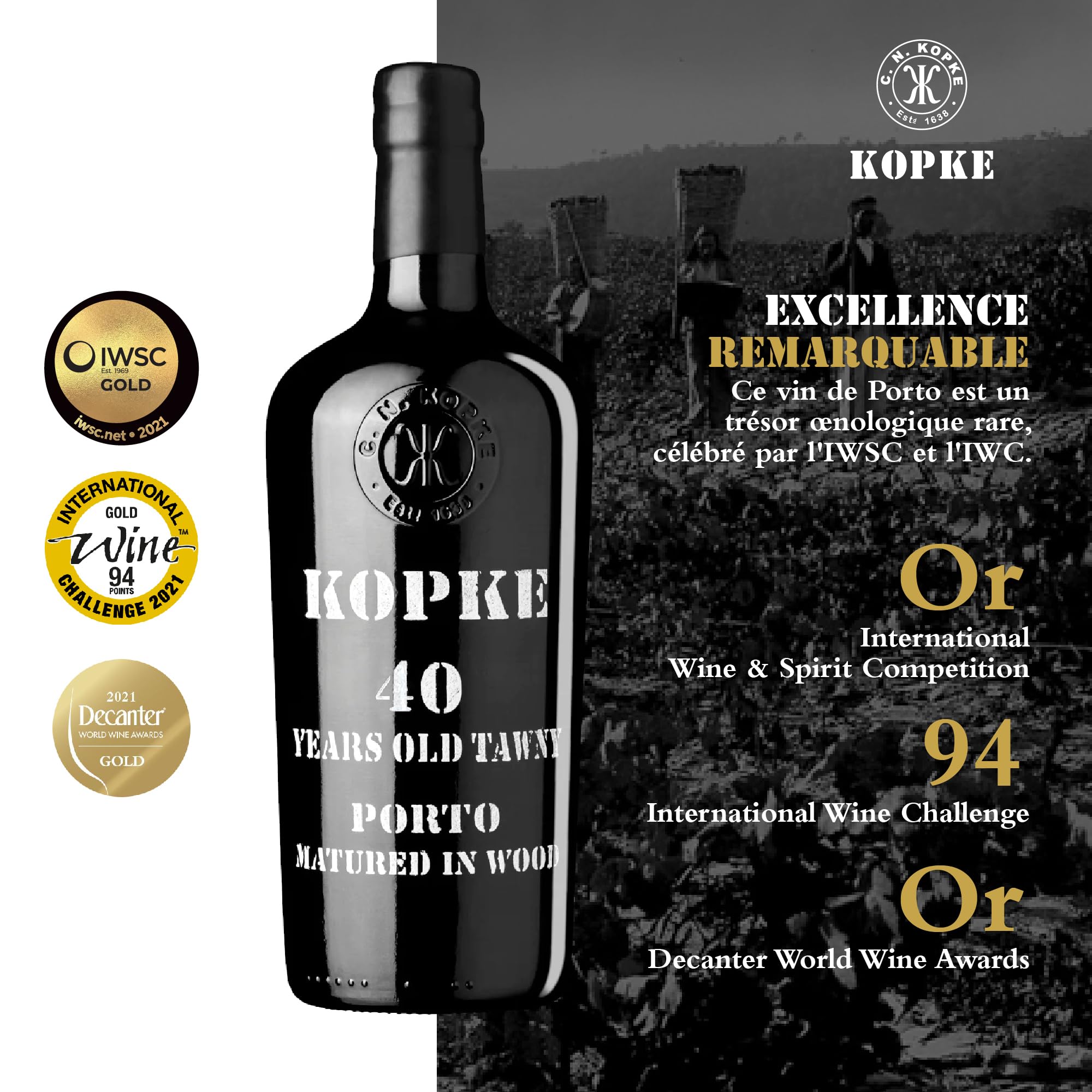 Kopke Porto Tawny 40 Ans – Un Porto Tawny Rouge d’Exception, Vieilli avec Savoir-Faire à partir des Meilleurs Cépages du Douro | Présenté dans un Coffret Cadeau en Bois Raffiné | 0,75L, 20% Vol.