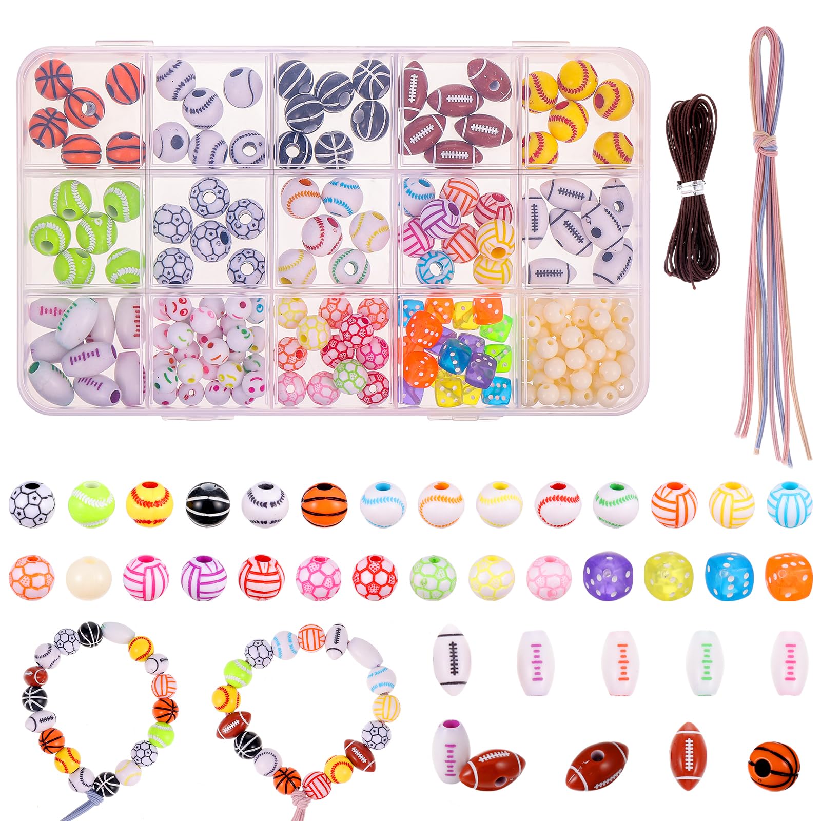 Tyqour 180 Pcs Sports Beads and Charms for Jewelry Making - 15 Styles Baseball, Basketball, Softball Acrylic Crafts Bracelet Making Kit for Boys with Box