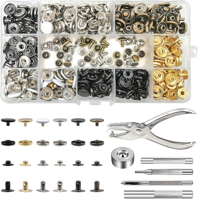 140 Set Snap Fasteners Kit, Metal Snaps Buttons Press Studs with Punch Pliers and 4 Pieces Fixing Tool Kit, for Leather, Coat, Jeans Wear, Bags, DIY Craft, Shoes, Belts Repair 6 Colors (12.5mm)
