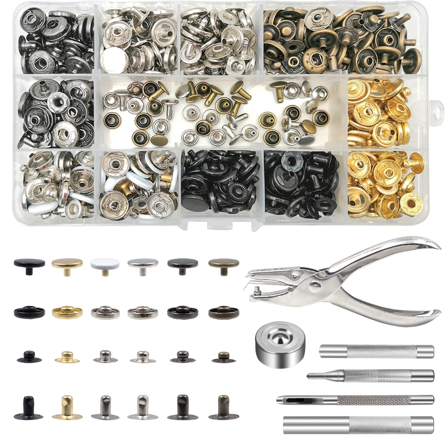 120 Set Snap Fasteners Kit, Metal Snaps Buttons Press Studs with Hammer and 4 Pieces Installation Tool, for Leather, Coat, Jeans Wear, Bags, DIY Craft, Shoes, Belts Repair 4 Colors (140)