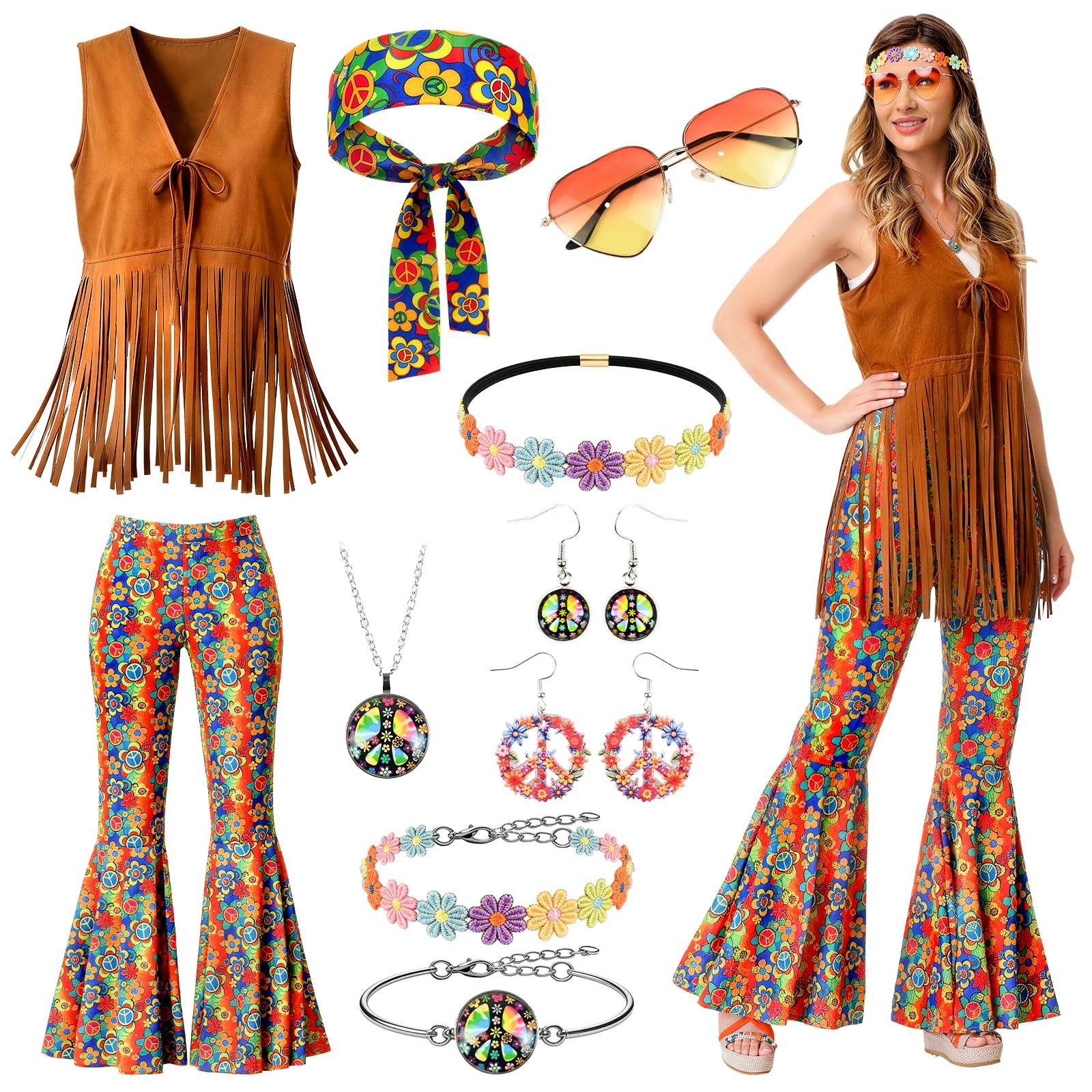Disfraz Hippie Mujer, Disfraz Adulto Años 60 70, Ropa Hippie Disco Años 80, Disfraces Retro con Collar Floral y Gafas de Sol, Traje Mujer Estilo Boho para Carnaval Fiesta Cosplay