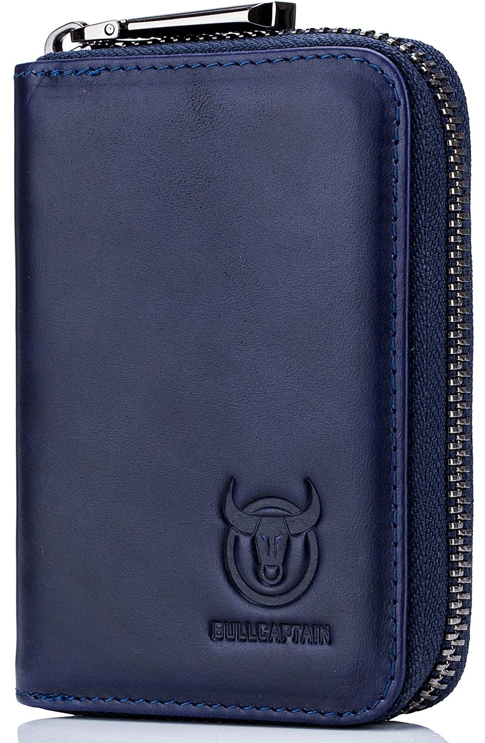 BULLCAPTAIN Genuine Leather Men Wallet Card Holder Cards Zipper Credit Card Pack Case Purse (blue)