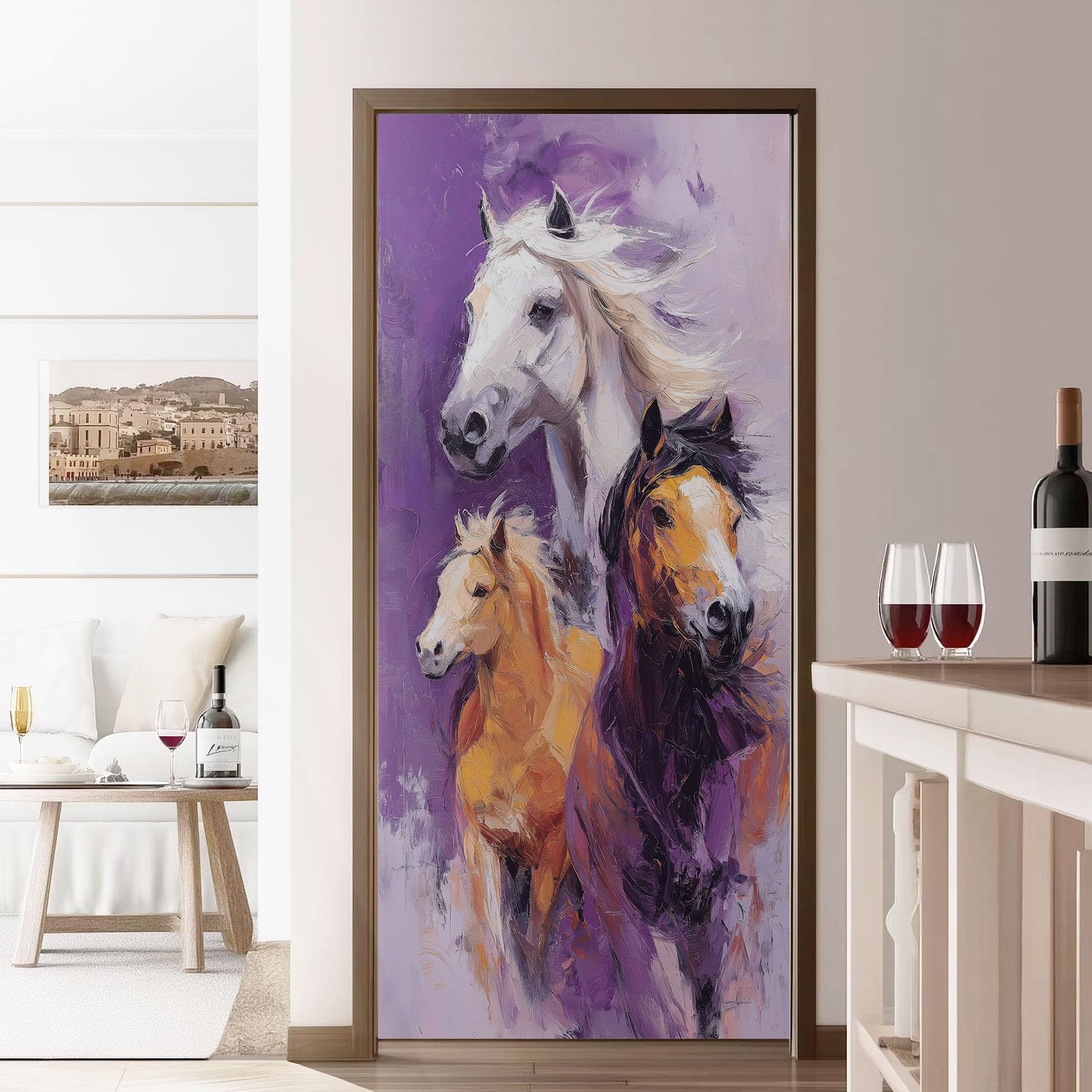 Adesivo per porta con cavallo, motivo astratto graffiti con animali, in PVC, impermeabile, rimovibile, viola, per camera da letto, soggiorno, decorazione per la casa, 95 x 210 cm