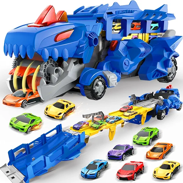 Toddler Car Truck Toy for 3 4 5 Years Old Boys, Toy Cars Track Set Dinosaur Transport Truck with Die-Cast Cars Toys, Transforms into Dino, Toy Gifts for 3 4 5 6 Year Old Boys(6 Cars)
