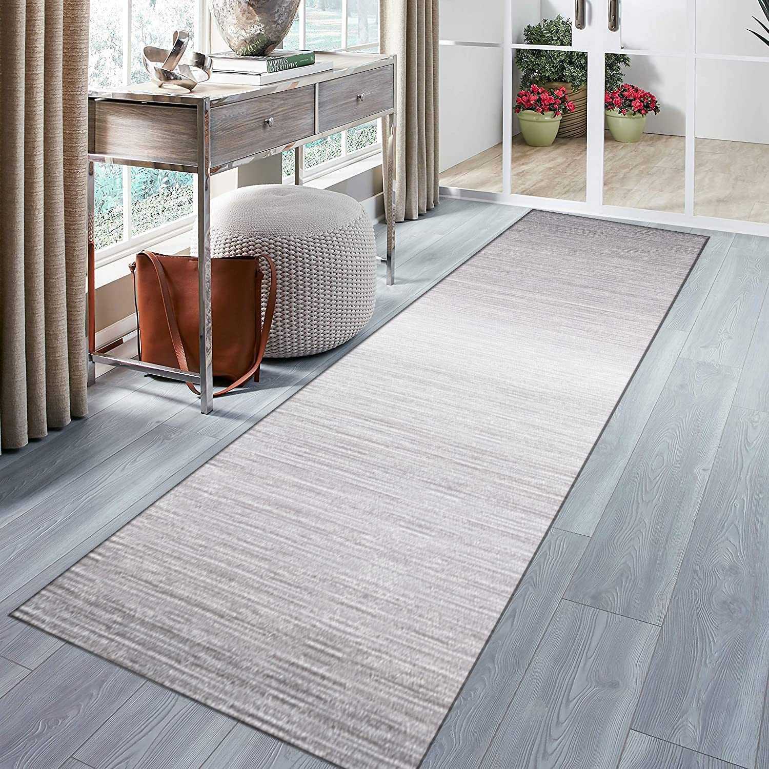 Läufer Teppich Flur rutschfest Teppich für Küche Wohnzimmer Modern Abstrakt Grau Farbverlauf Design