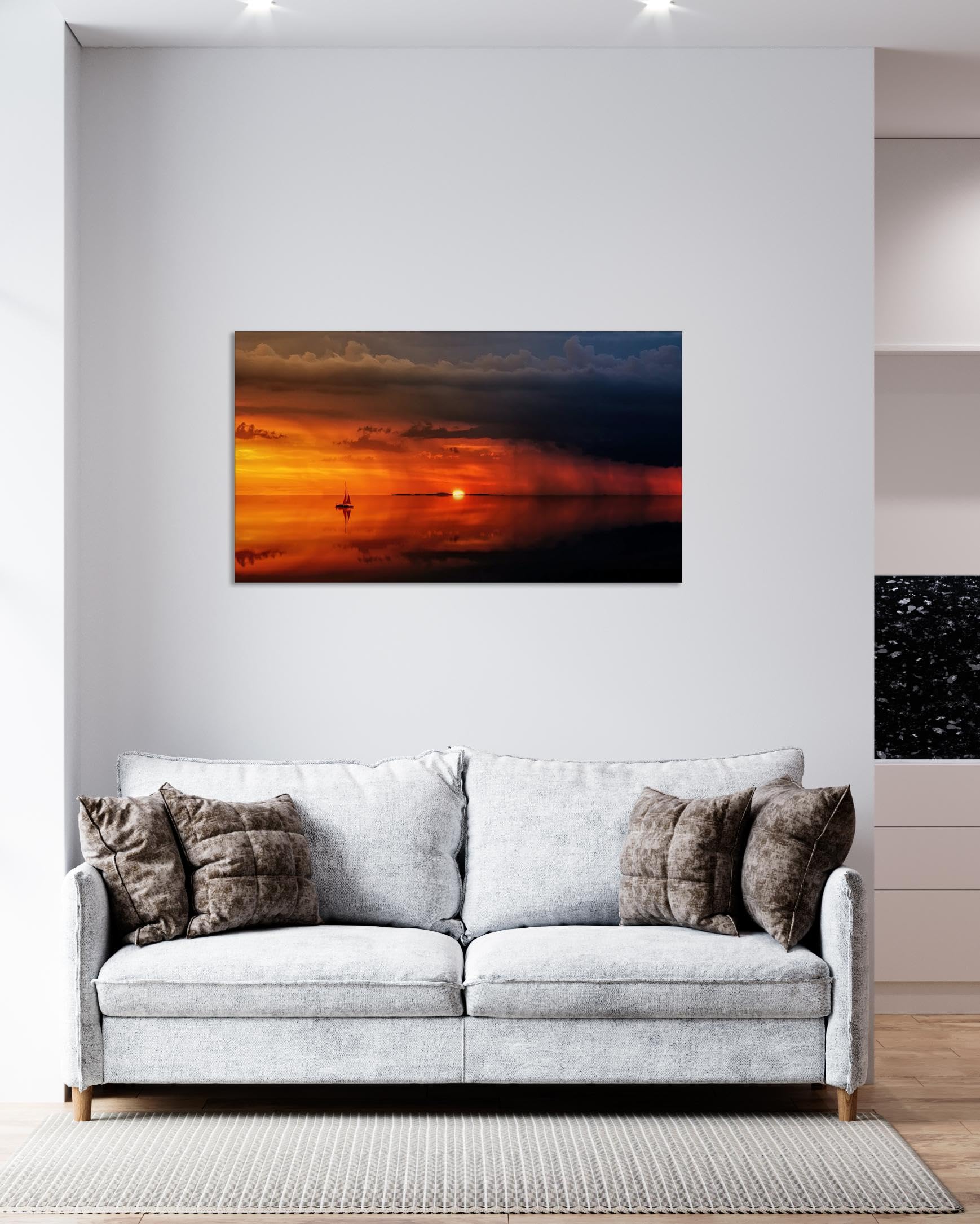 GRASKY Strand sonnenuntergang bild sonnenuntergang bild auf leinwand wandbilder landschaftsbilder mit rot Leinwandbilder Das Meer, das Boot Wohnzimmer Deko Kunstdrucke 70X126cm(28x50in) Rahmenlos
