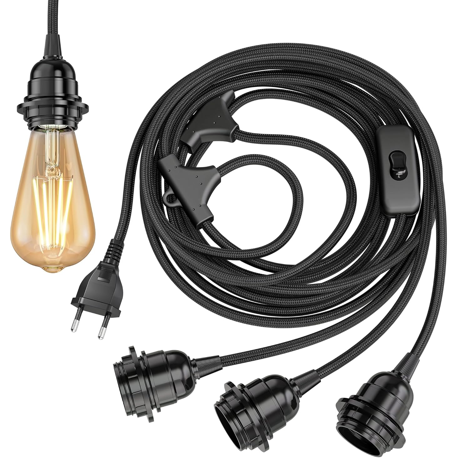 ledscom.de LEKA textile cable, plug, switch, black, 8 m, lamp socket, 3x E27 max. 60W