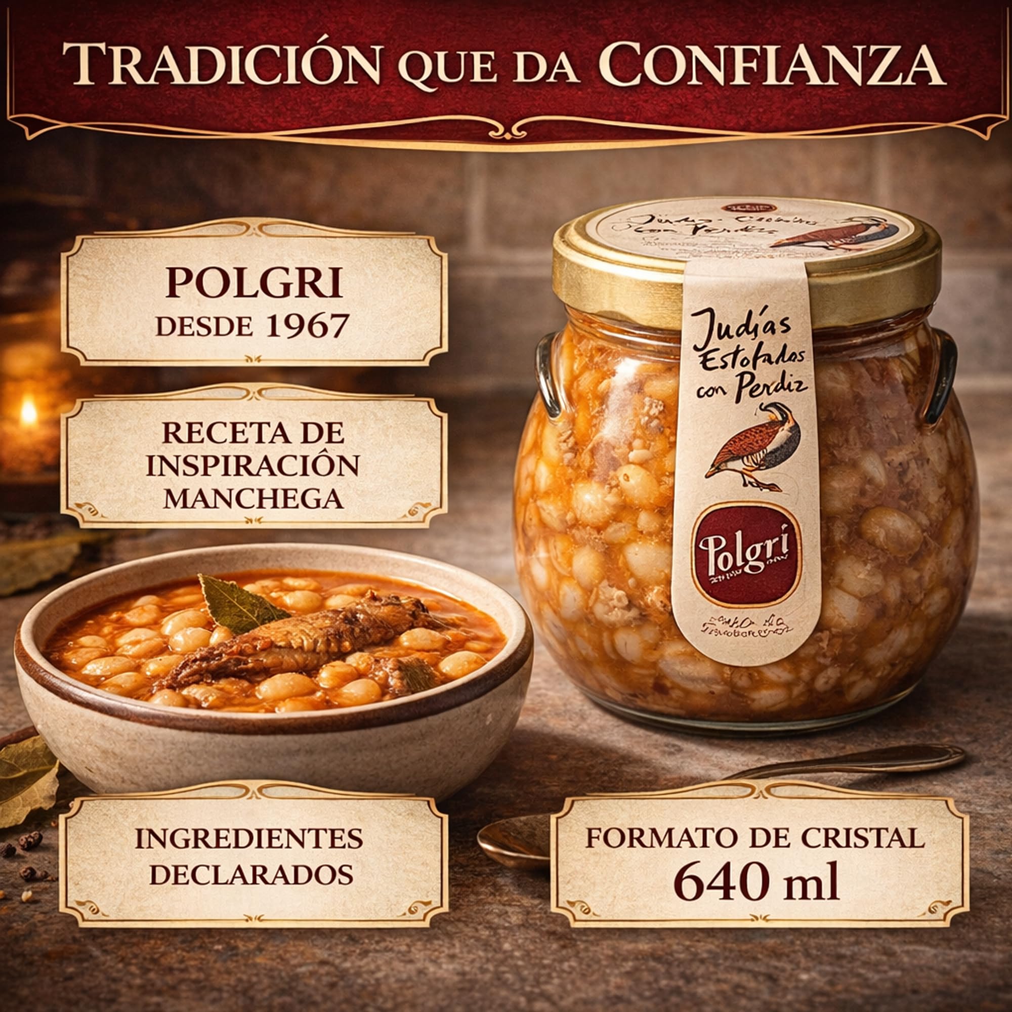 POLGRI Judias Estofadas con Perdiz Gourmet AOVE 640 ml Tarro de Cristal Comida Preparada