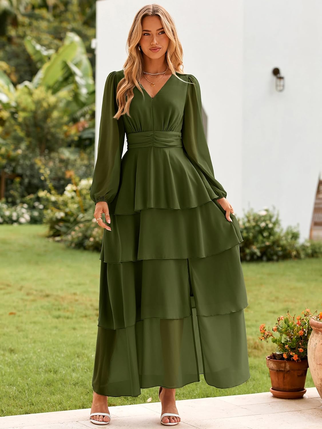 BerryGo Womens Flowy Maxi Dress Chiffon Long Sleeve Slit V Neck Casual Ruffle Tiered Boho Fall Wedding Guest Long Dress - Image 3