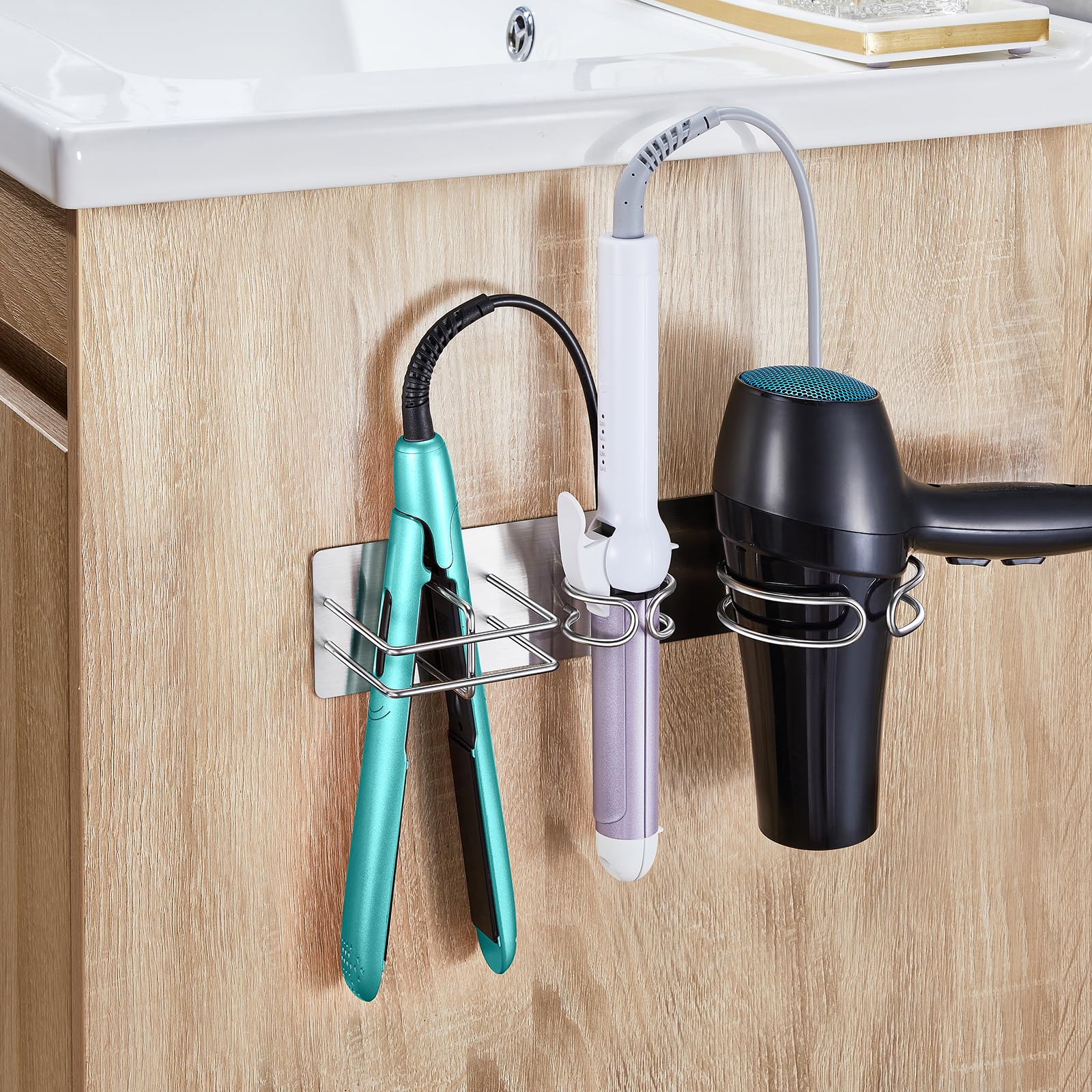 YYBO Porta Phon da Muro, 3 in 1 Supporto per Asciugacapelli, Piastra Capelli, Ferro Arricciacapelli, Metallo Porta Asciugacapelli e Piastra Adesivo (Argento)