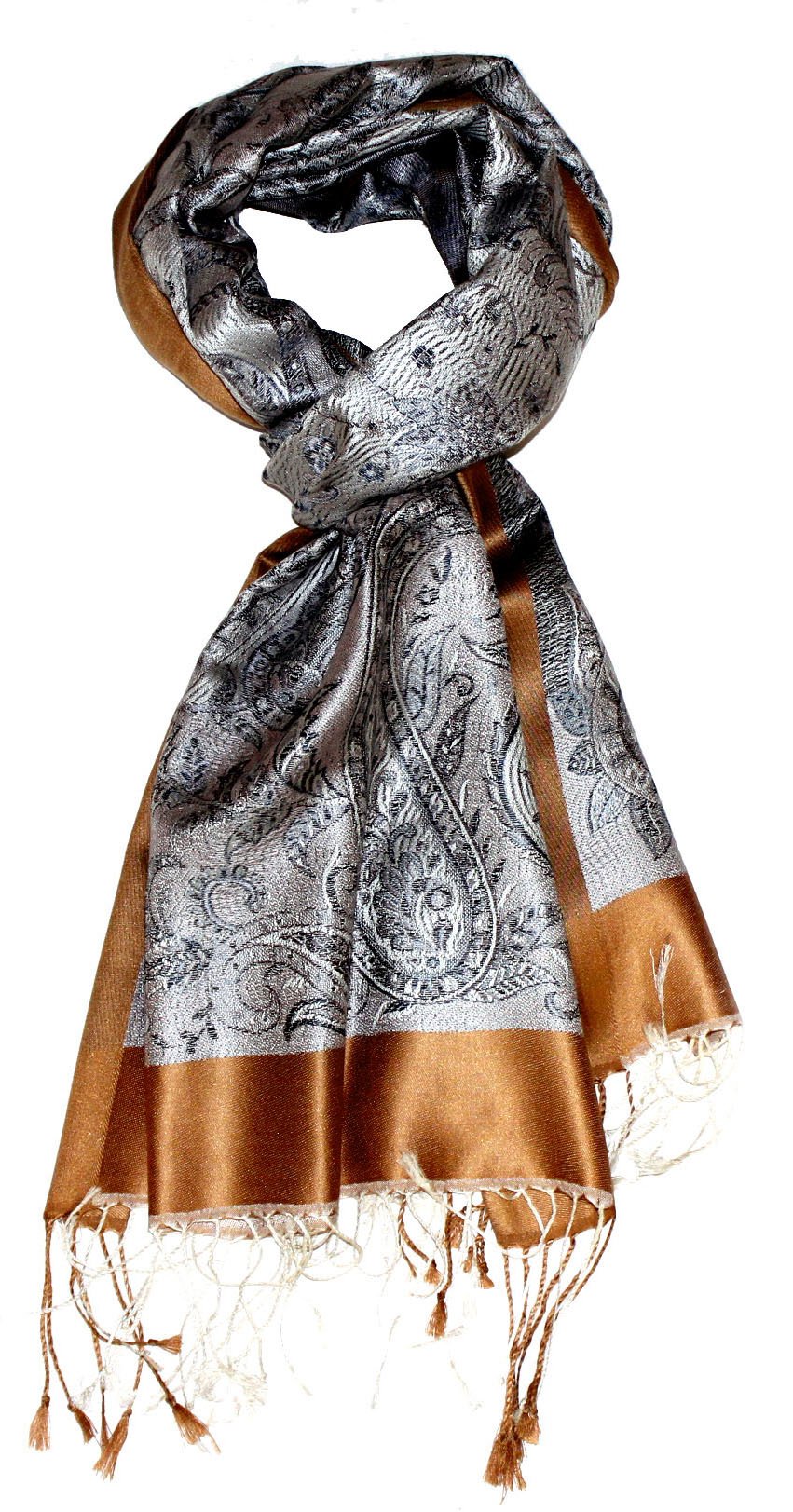 Lorenzo Cana - Sciarpa da uomo in tessuto jacquard, 100% seta, prodotto di lusso, 55 cm x 180 cm, motivo Pasley, sciarpa di seta, armonica, colori: grigio / dorato, alla moda