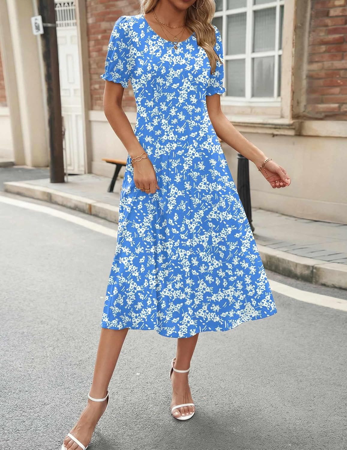 Zeagoo Womens Summer Dress Casual Midi Dresses 2026 Short Puff Sleeve Flare Dress Pleated Flowy Sundress with Pockets - Image 6