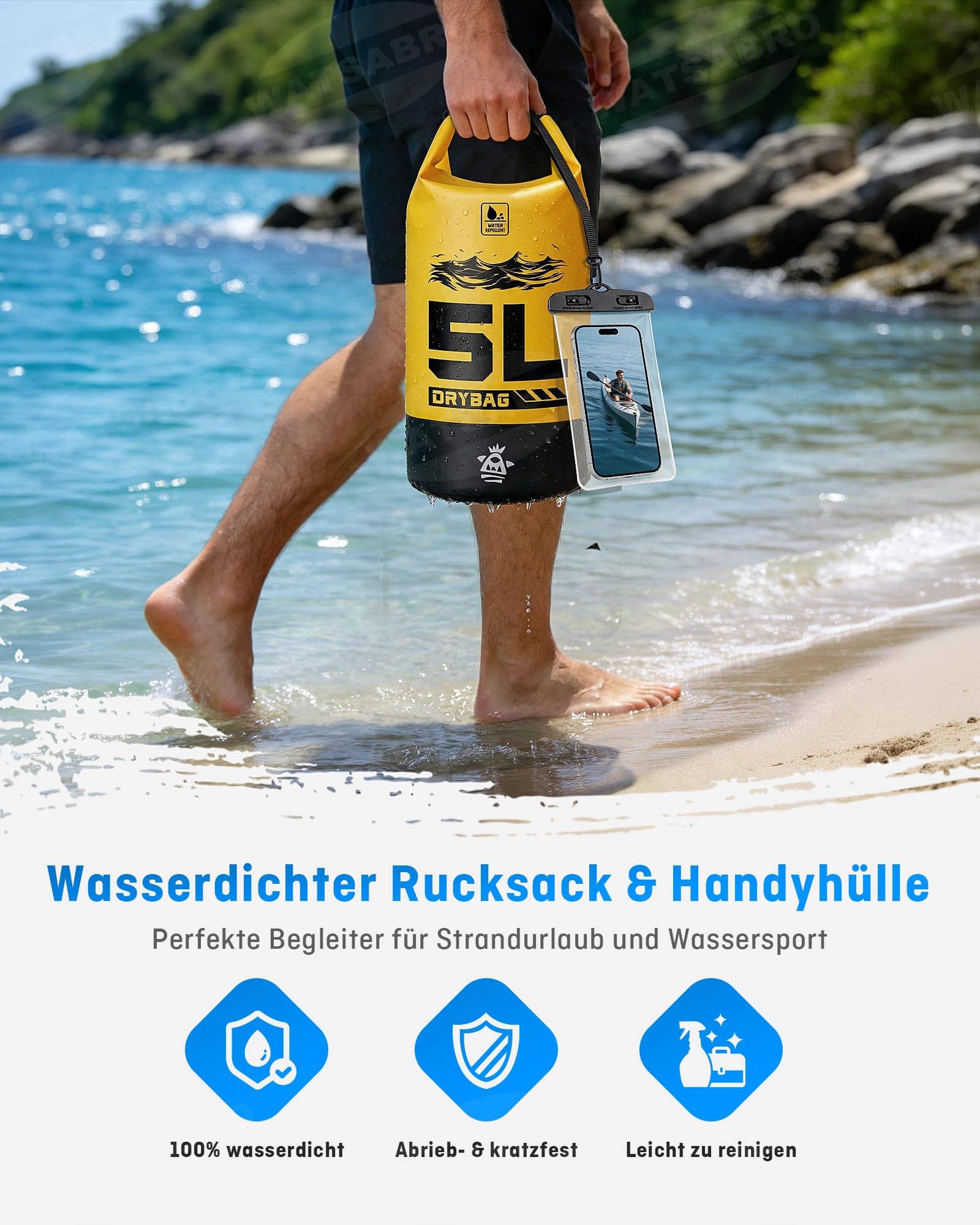 WATSABRO Dry Bag – 5L/10L/20L wasserdichte Tasche, Kratzfester Wasserdichter Rucksack, Inklusive 100% Wasserfeste Handyhülle – Ideal für Wassersportarten wie SUP, Kajak, Kanu sowie Strandurlaube