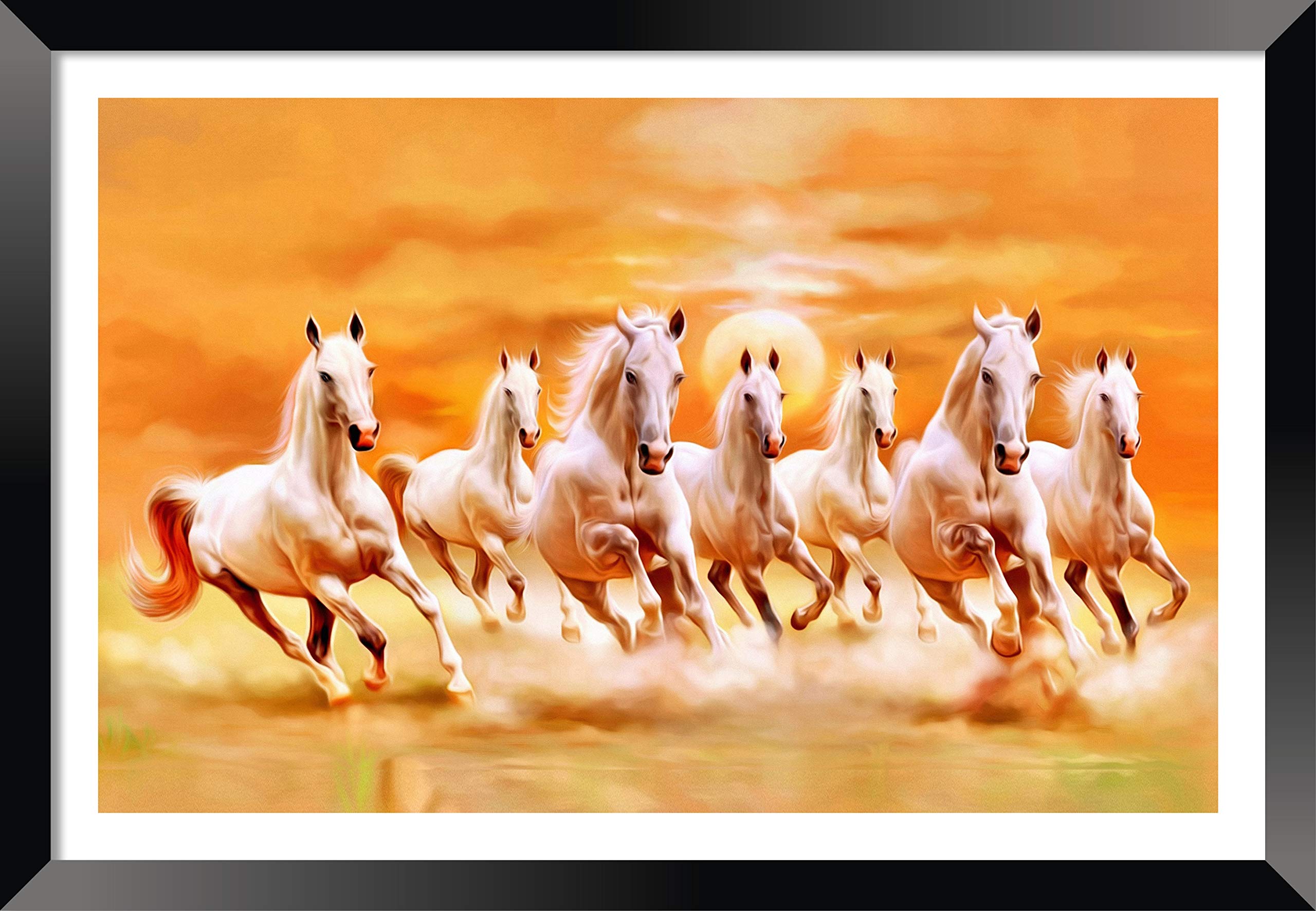 DBrush 7 Running Horses Vastu Blessing Painting Modern art Lucky Photo Frame For Living room Home Office Decor Gift Item Synthetic Wood Stylish Framed(Without Glass | Frame Width:- 1 Inch, Variation 1)