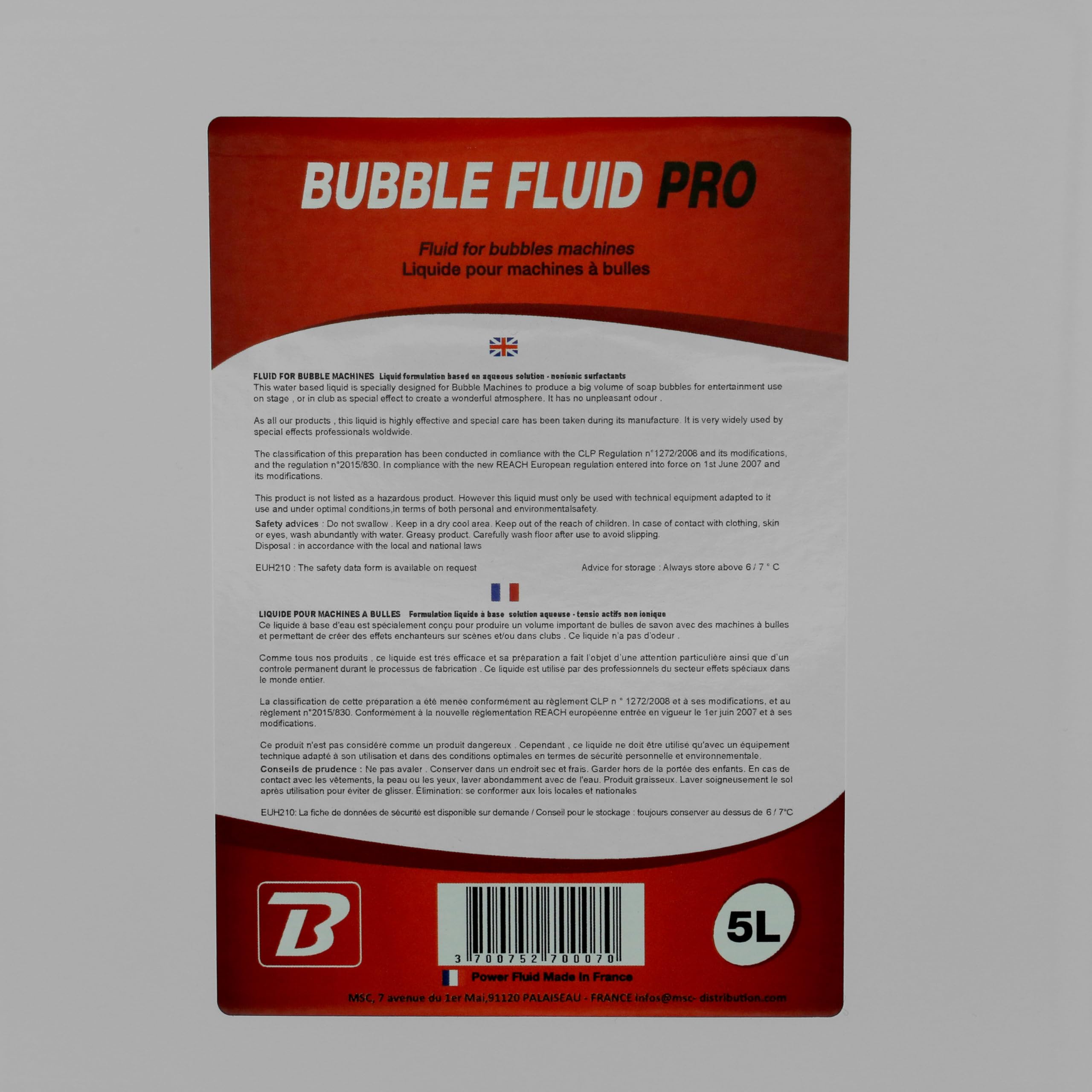 BoomToneDJ Bubble Fluid 5L Liquide pour machine à bulles, Canon à bulles. Fabriqué en France. Liquide à base d'eau. Incolore, Sans odeur. Normes CE et NF. Effets, ambiance, animations.