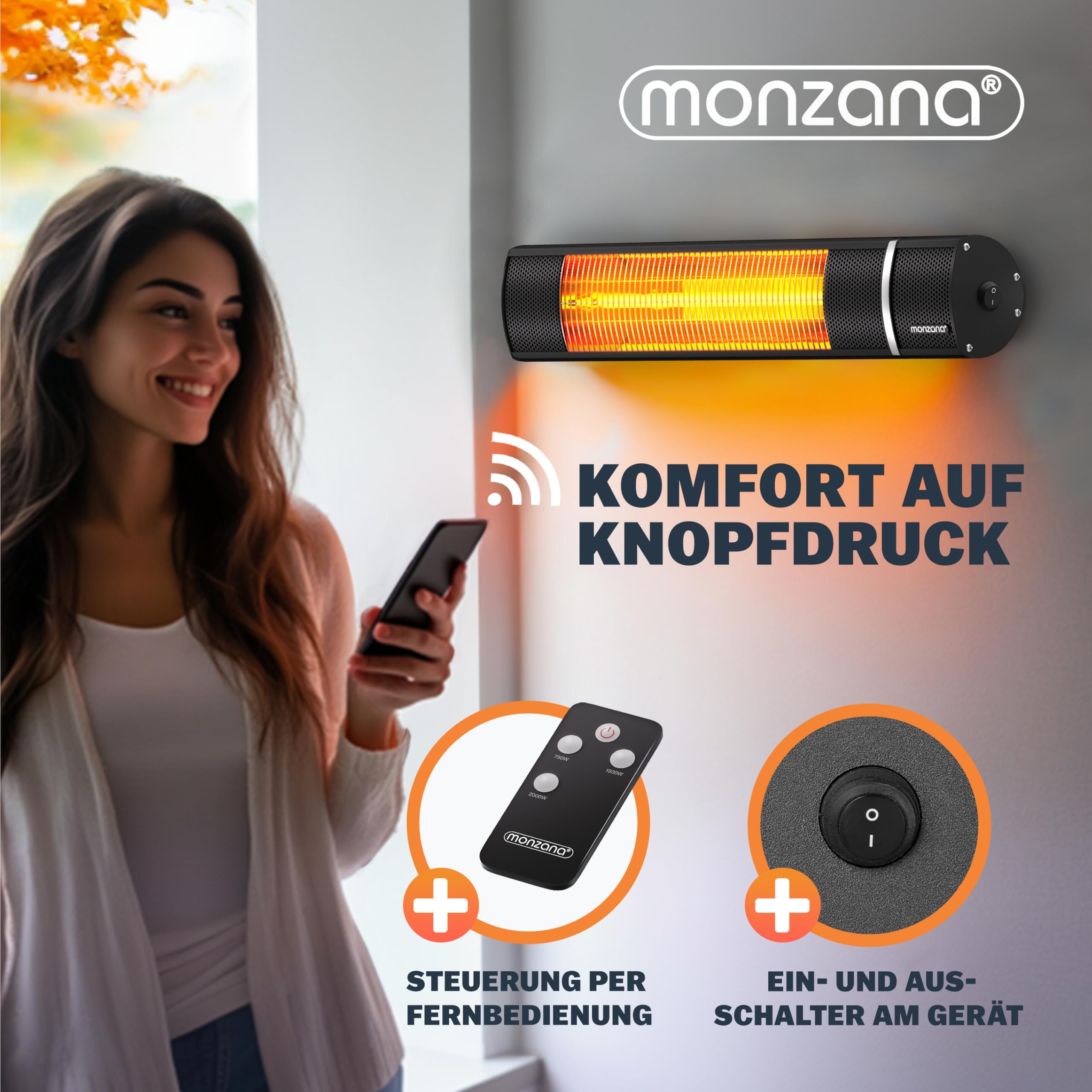 MONZANA Stufa Elettrica a Infrarossi 2000W 3 Livelli di Calore Telecomando Esterno