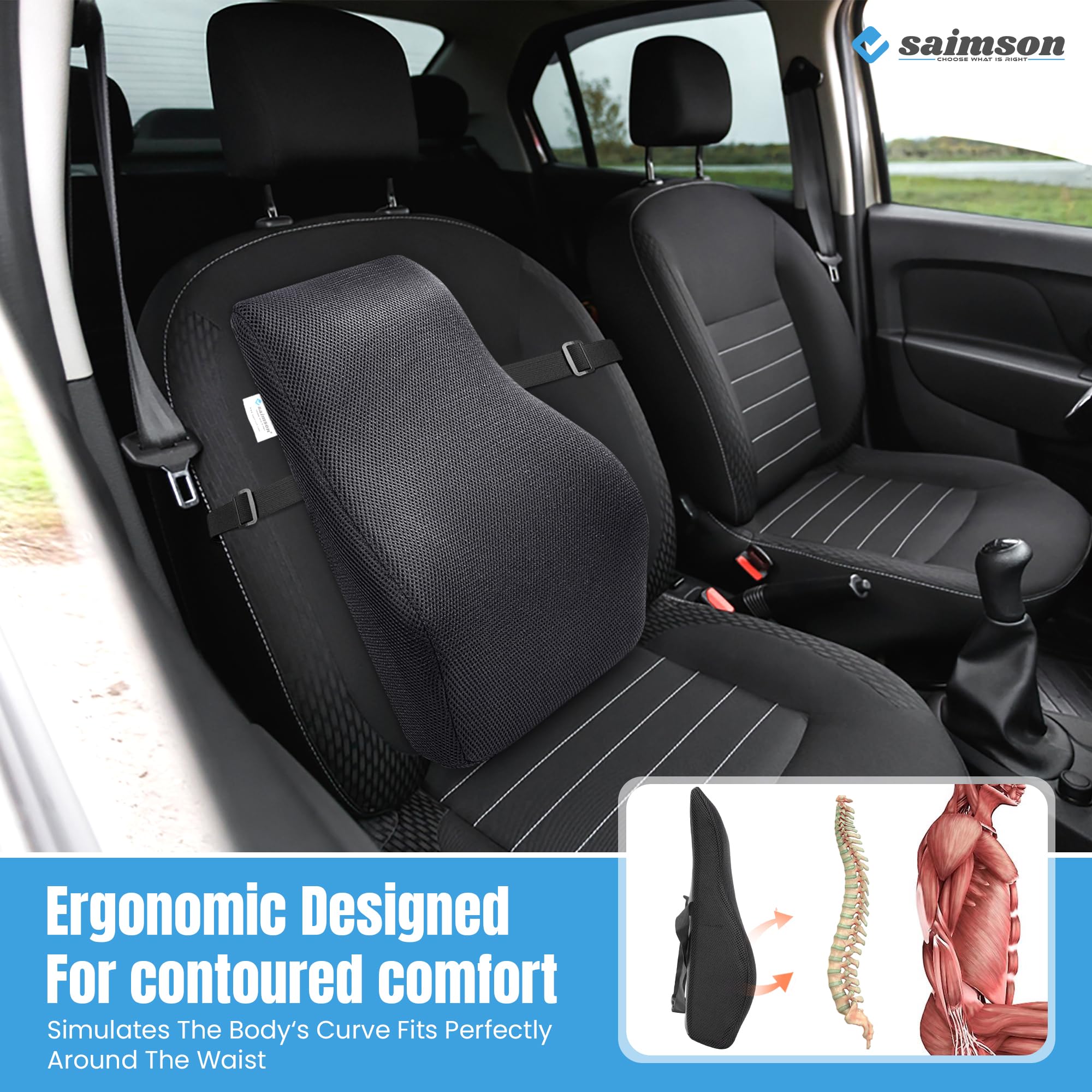 saimson Chair Back Support - 2 Yrs Warranty l Memory Foam Lumbar Support Cushion for Office Chair & Car Seat | Chair Back Rest for Better Posture & Lower Back Pain Relief | Ventilated Black Mesh 3