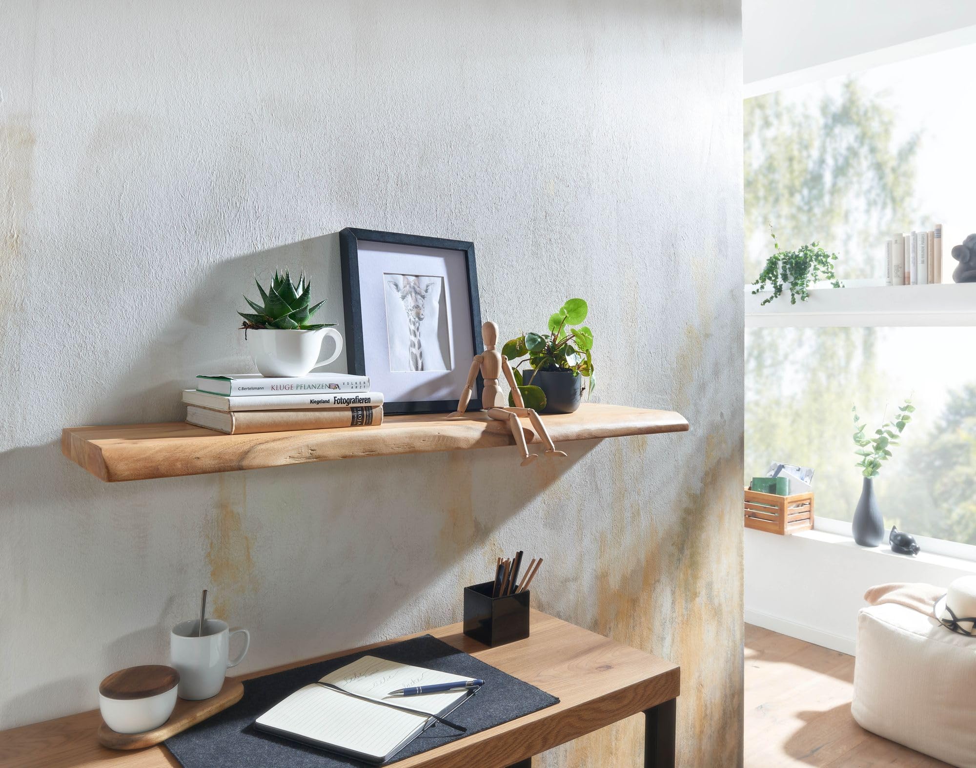 FineBuy Estantería de Pared 100 cm Moderna Madera Maciza de Acacia | Estante Colgante de Flotación Libre Rectangular con Borde de Árbol | Estantería flotante de madera auténtica con borde natural, estilo rústico, hecho a mano, único