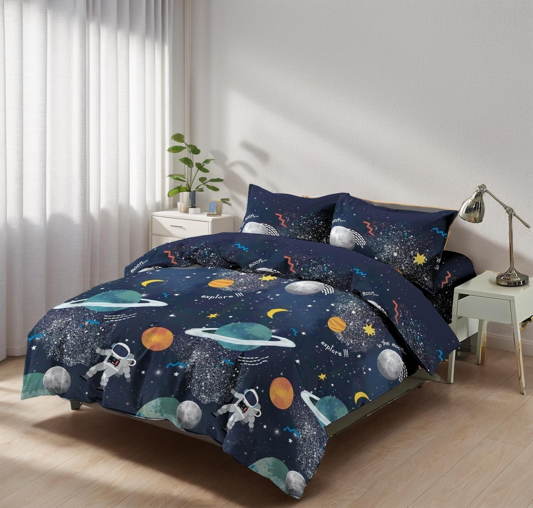 H HANSEL HOME Juego de Funda Nordica Microfibra de 3 Piezas para Cama 105 Ultra Suave Transpirable, Incluye 1 Funda Edredón 180x220cm, 1 Bajera 105x200+28cm, 1 Fundas de Almohada 50x130cm - Universo