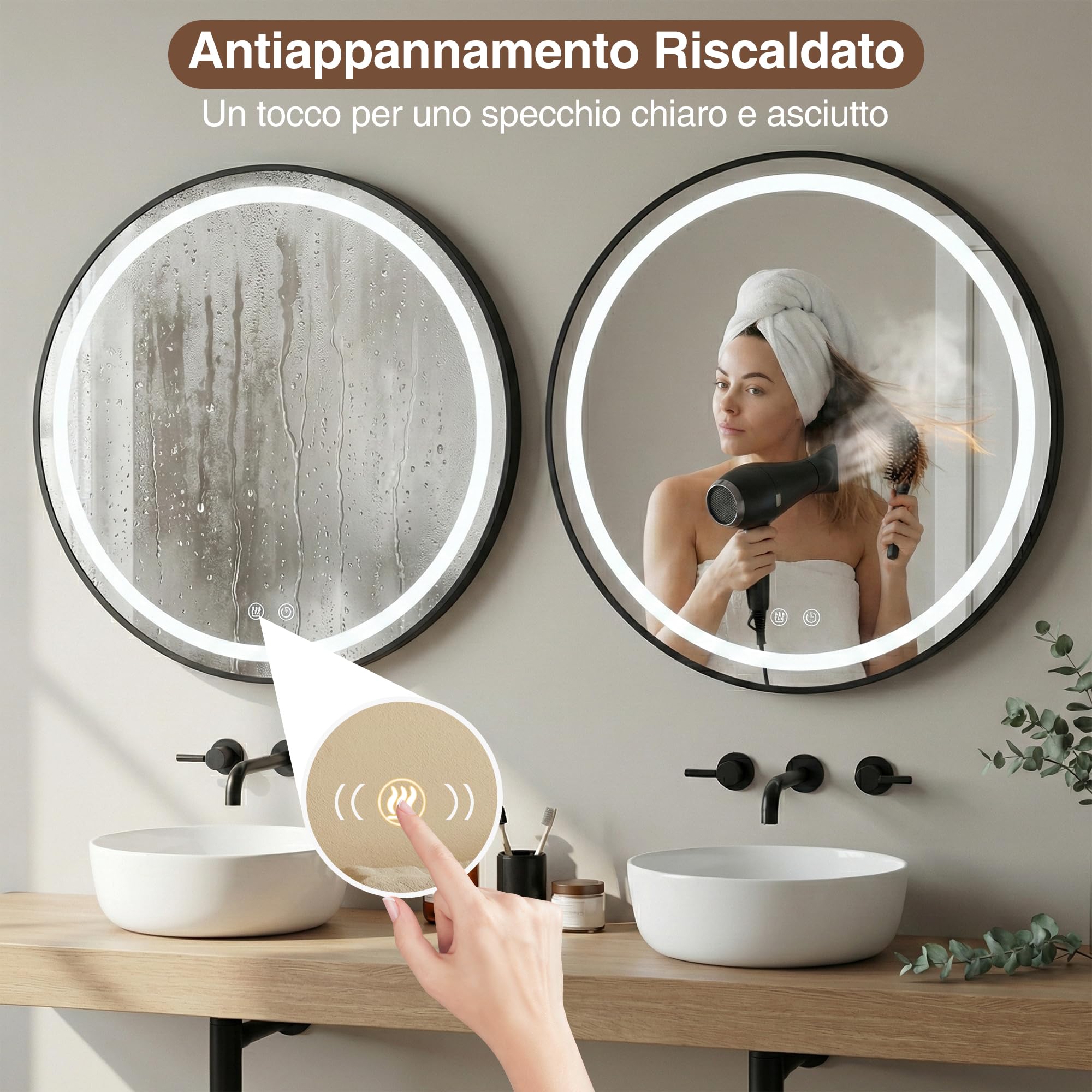 Specchio Contenitore Bagno con illuminazione e Antiappannamento Rotonda 50x50cm Armadietto Bagno a Parete con Presa (2*AC + 3*USB) e Lente d'ingrandimento 10x Nero (Nessun assemblaggio richiesto)