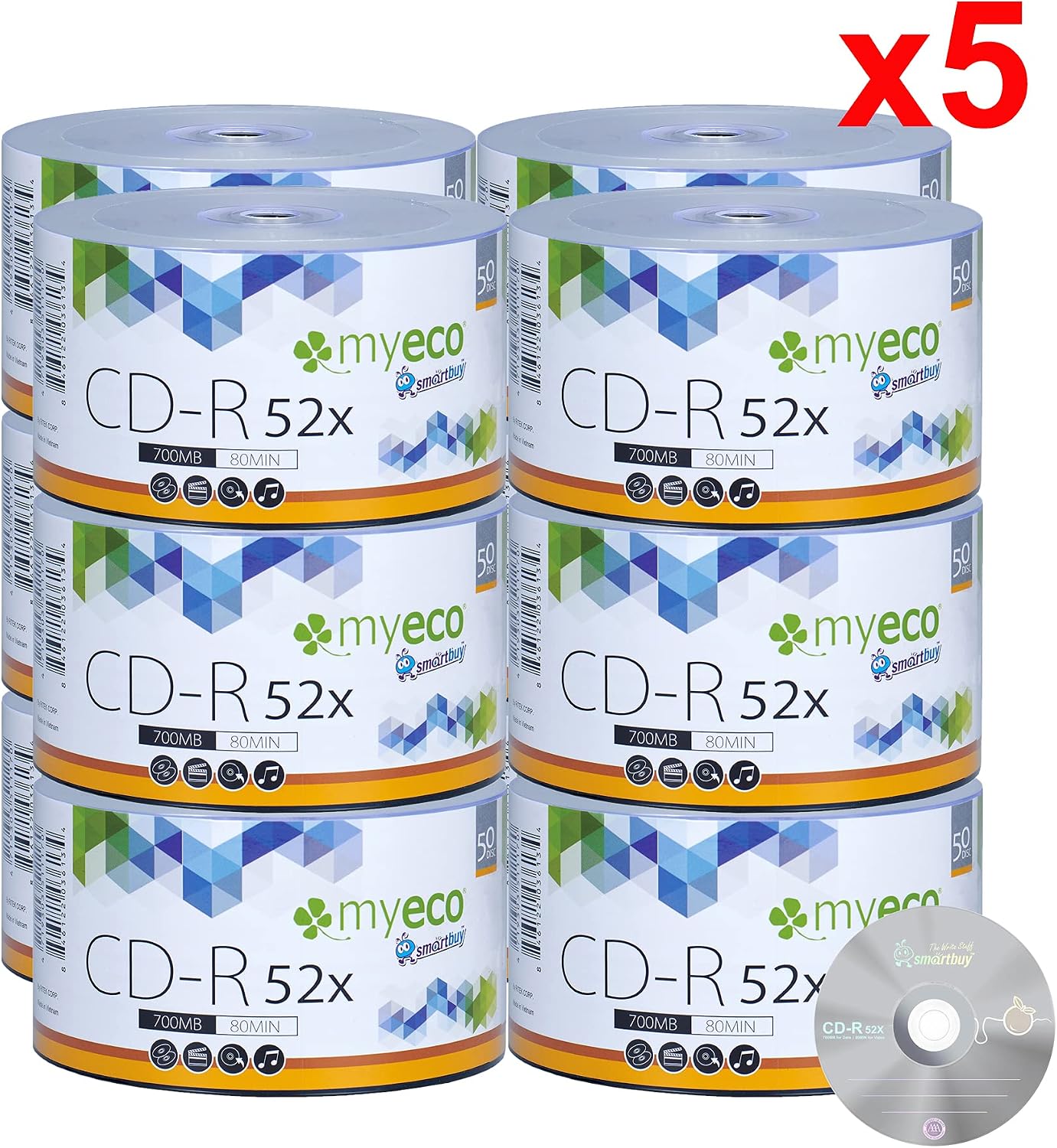 3000 Pack MyEco CD-R CDR 52X 700MB 80Min Economy Branded Logo Top Write Once Blank Media Record Disc